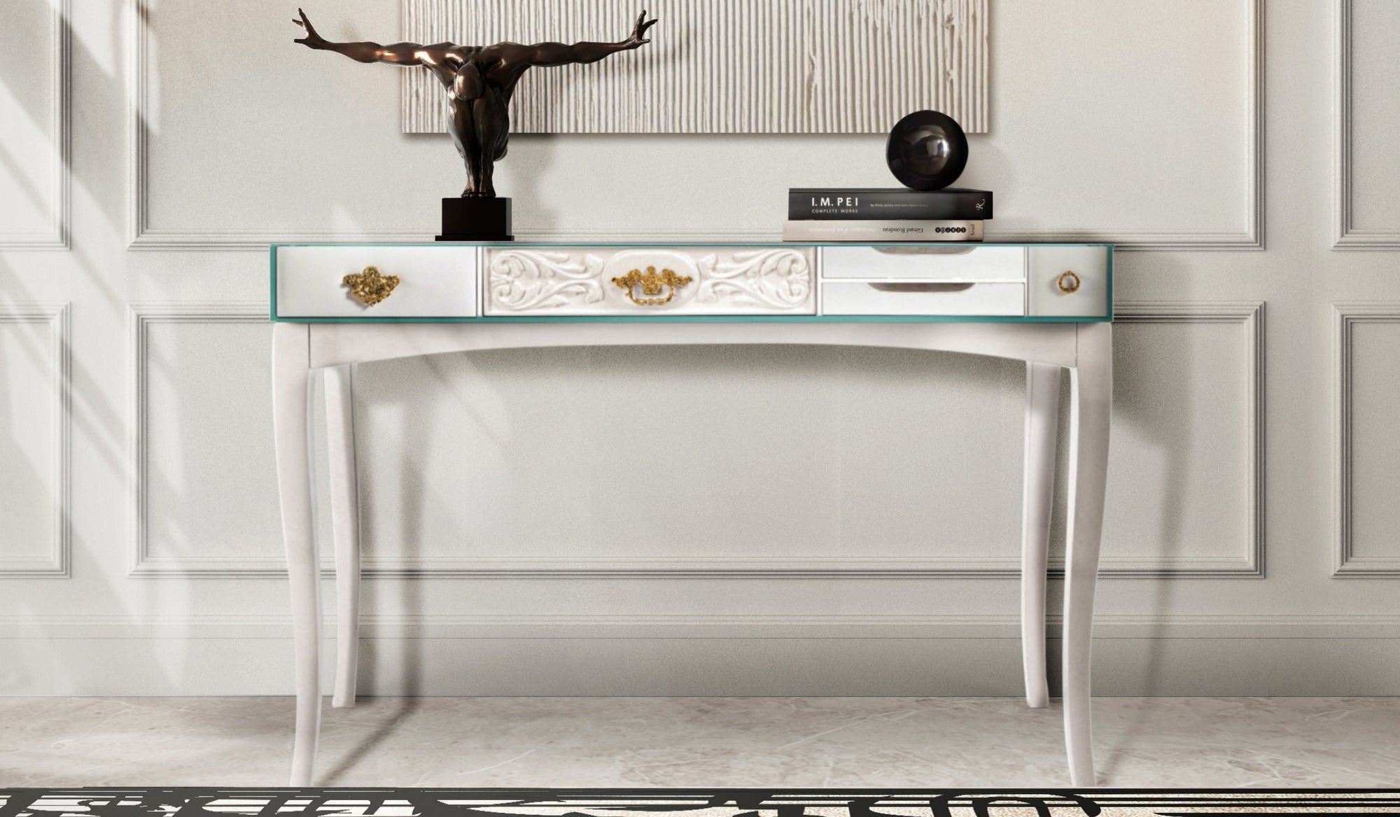 Soho - Console blanche de luxe avec détails en laiton et verre