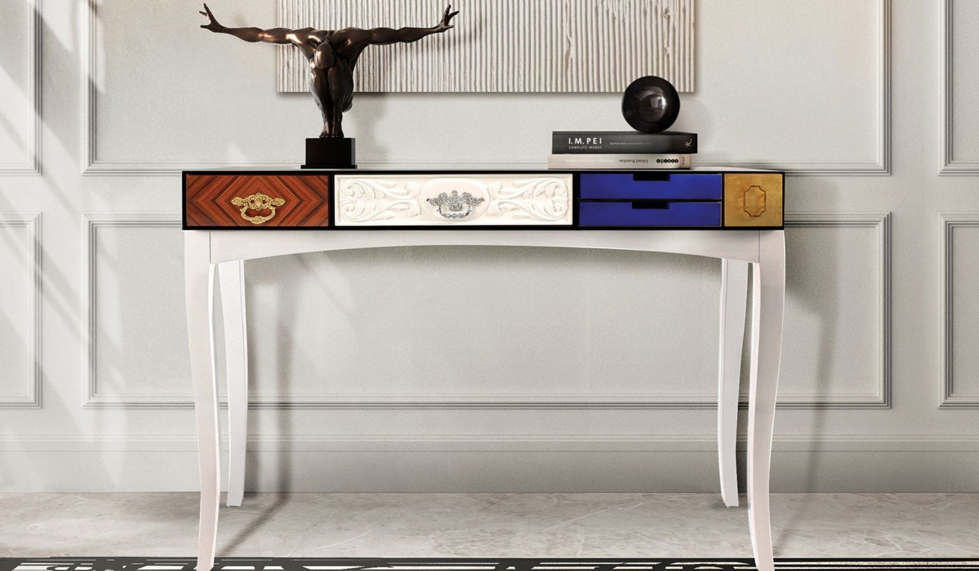 Soho - Console multicolore design avec feuille d'or et bois de rose