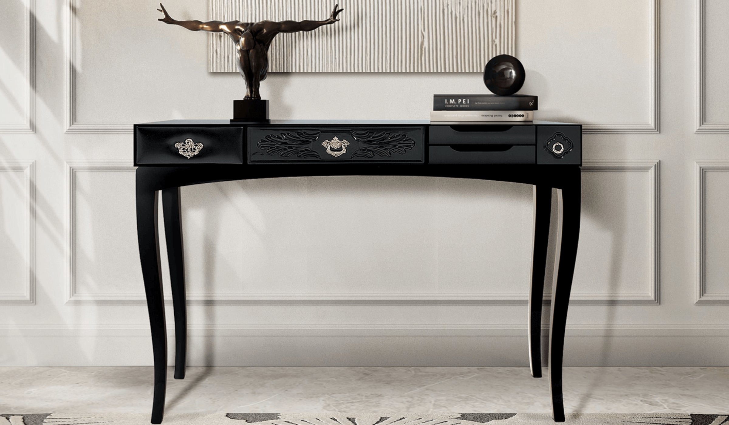 Soho - Elegant black rosewood console with brass and glass handles