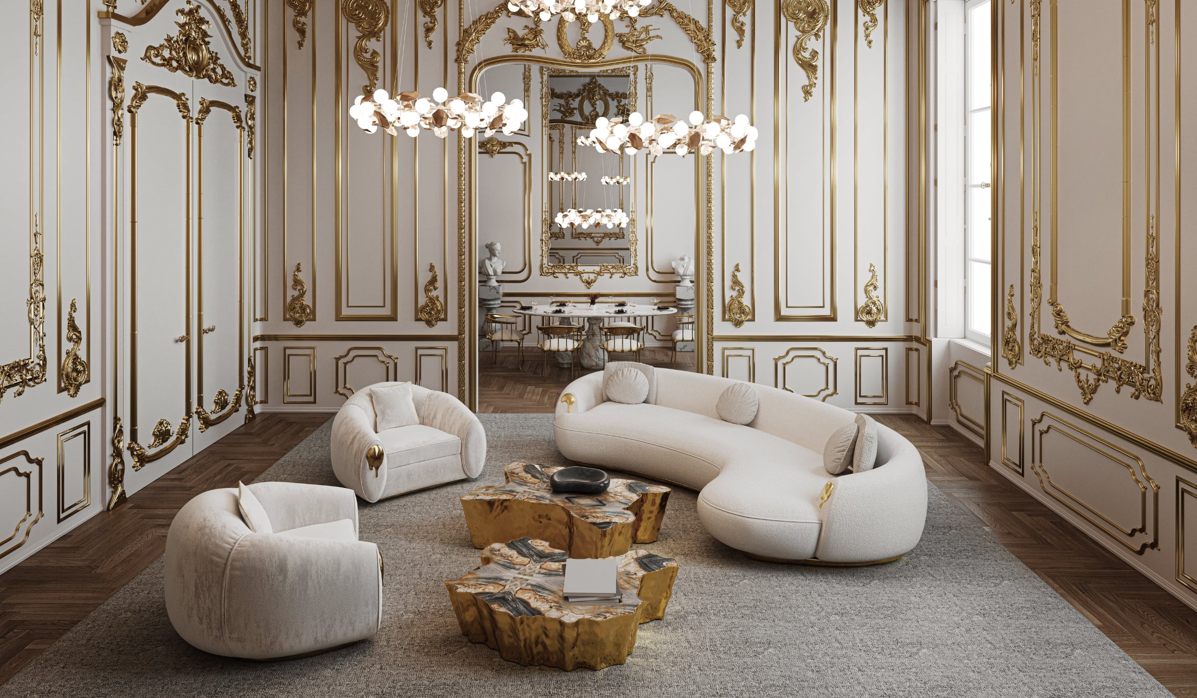 Soleil - Luxury curved sofa in brass and premium cream fabric