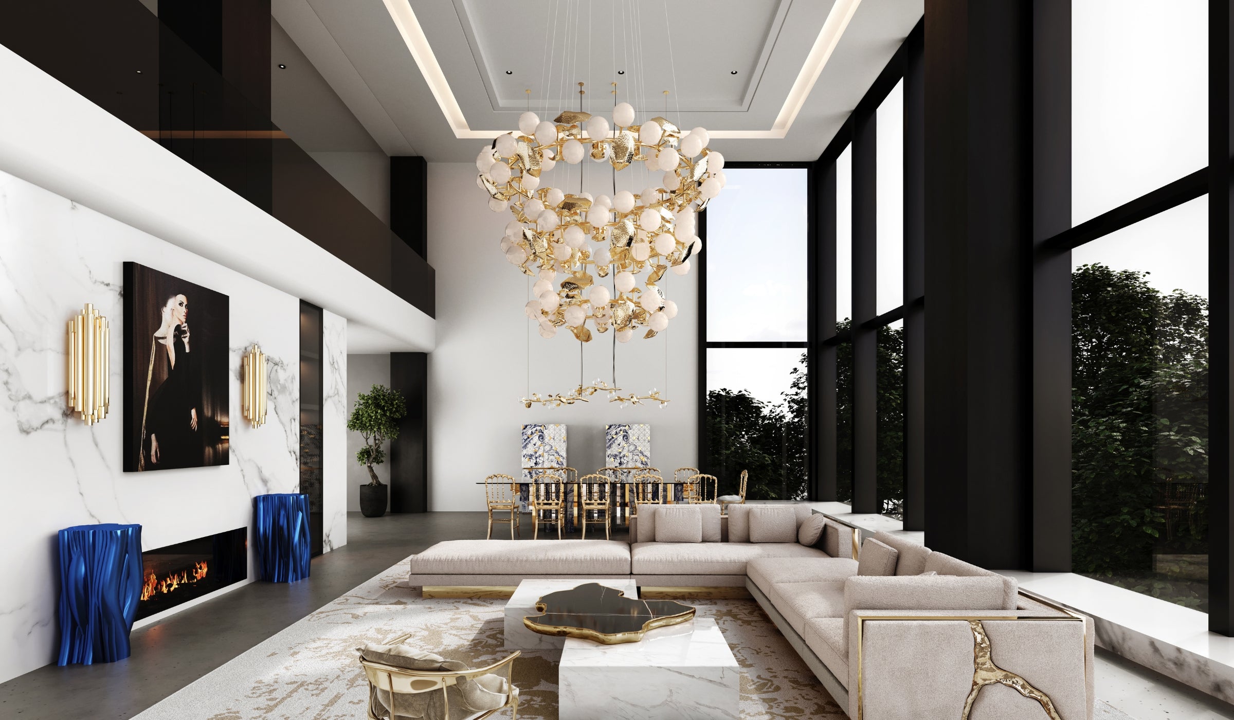 Hera round III - Majestic pendant light in polished brass and glass for sophisticated decoration