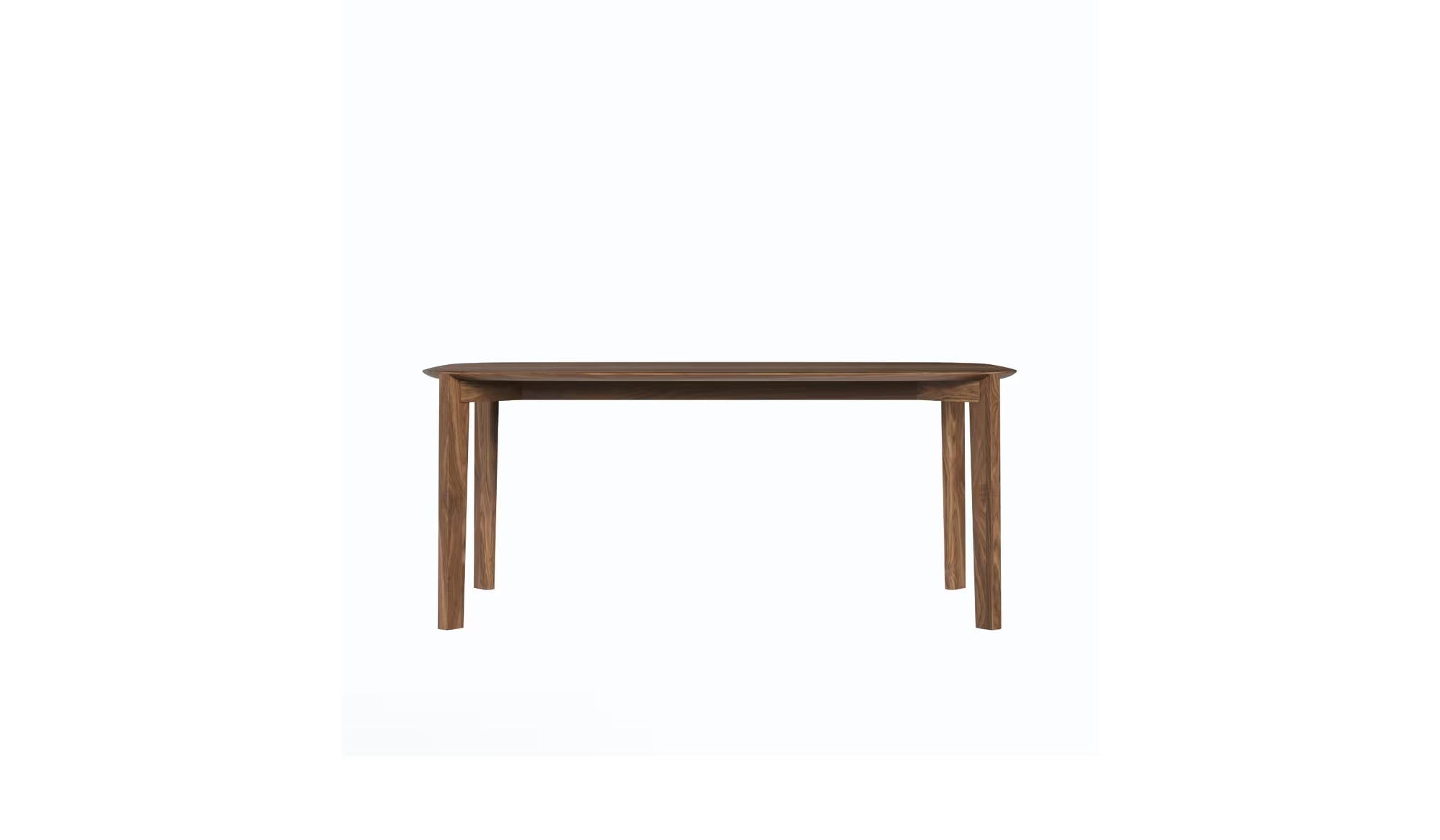 Vue de face de la table Soma 180 cm en noyer massif, piètement large et structure visible, 6 à 8 places, sur fond blanc