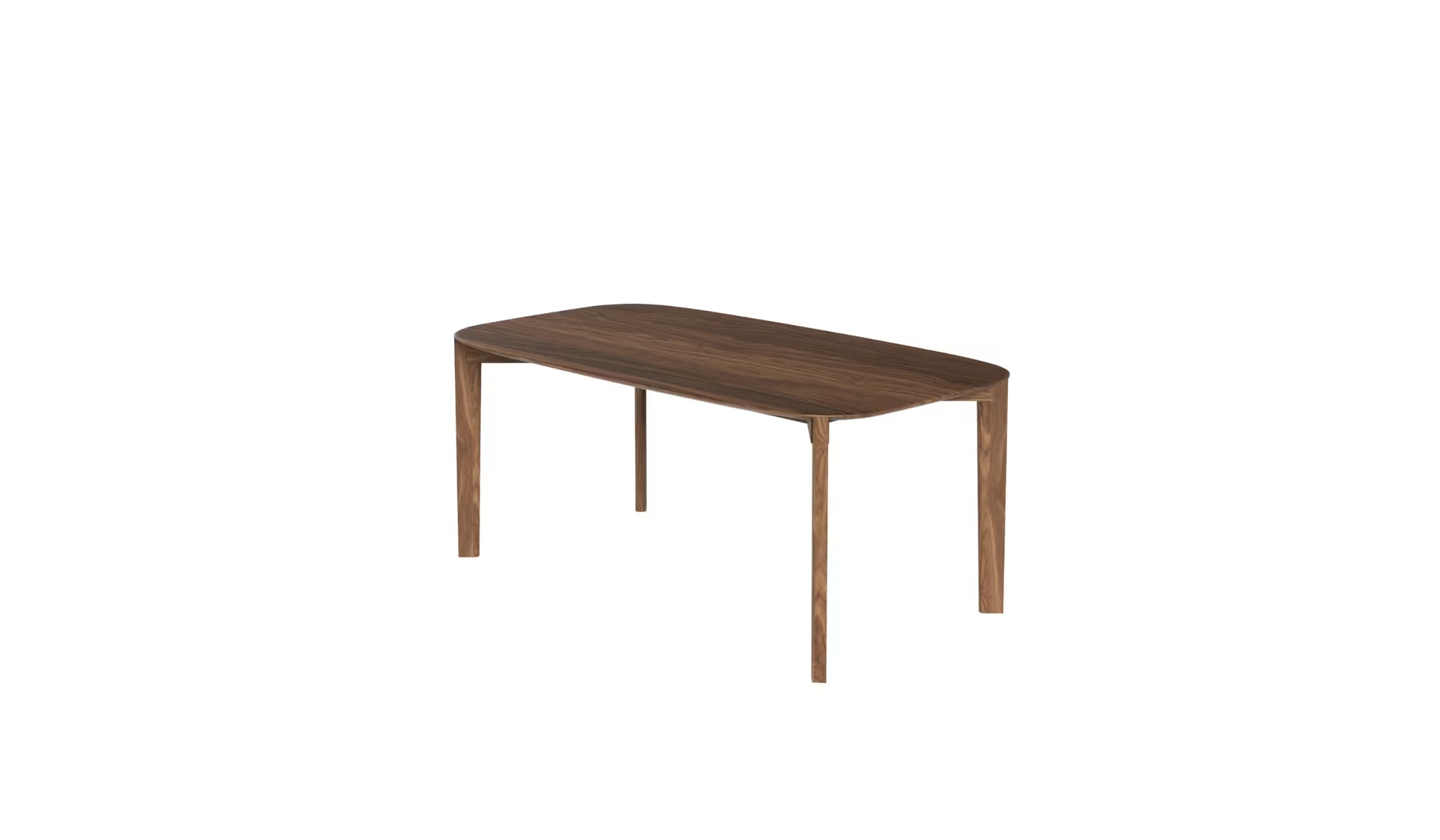 Vue en trois-quarts en plongée de la table Soma 180 cm de WeWood en noyer massif, 6 à 8 places, sur fond blanc