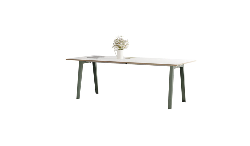 Table new Modern, 10 personnes, plateau stratifié blanc et acier gris eucalyptus