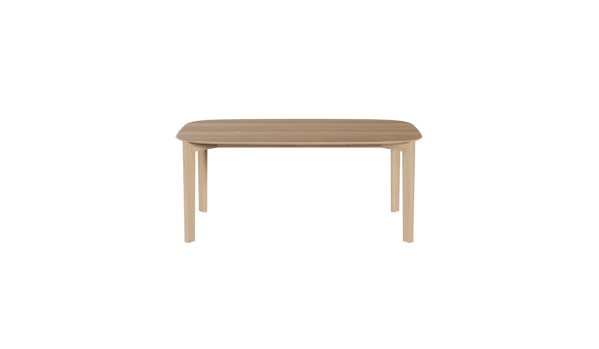Vue en légère plongée de la table Soma 240 cm en chêne massif, plateau ovale et structure fine, 8 à 10 places sur fond blanc