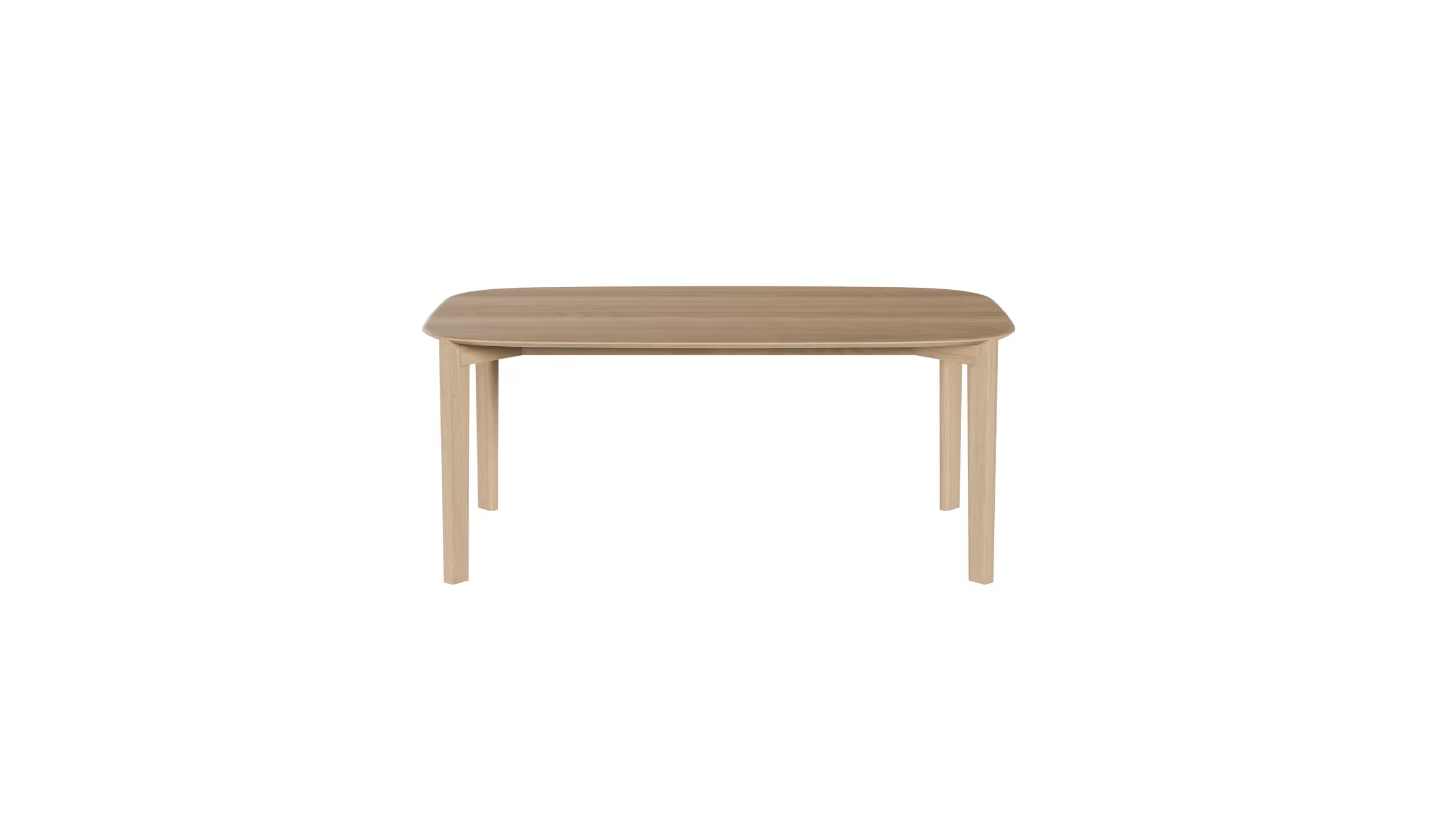 Vue en légère plongée de la table Soma 240 cm en chêne massif, plateau ovale et structure fine, 8 à 10 places sur fond blanc