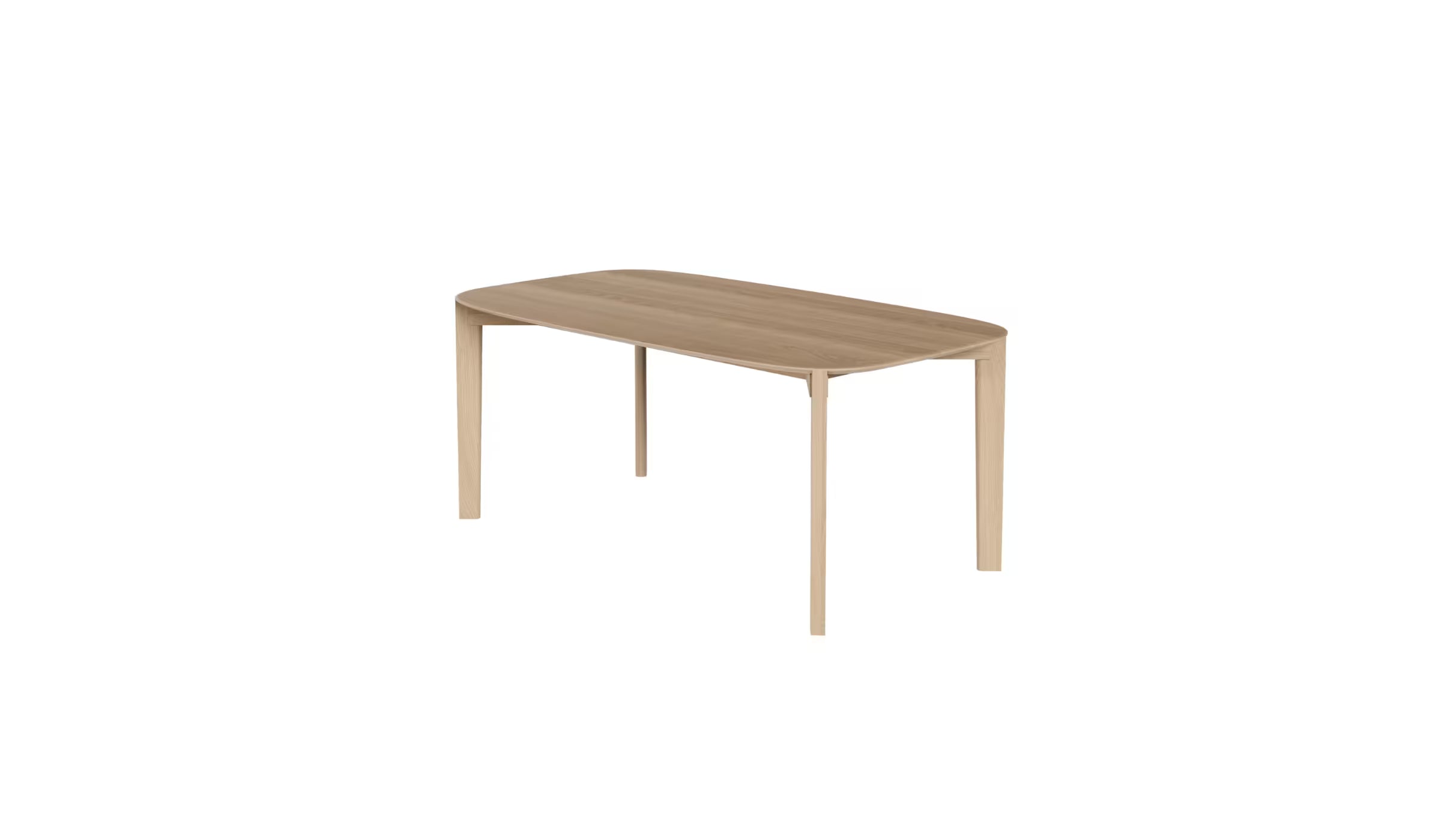 Vue en trois-quarts en plongée de la table Soma 240 cm de WeWood en chêne massif, 8 à 10 places, sur fond blanc