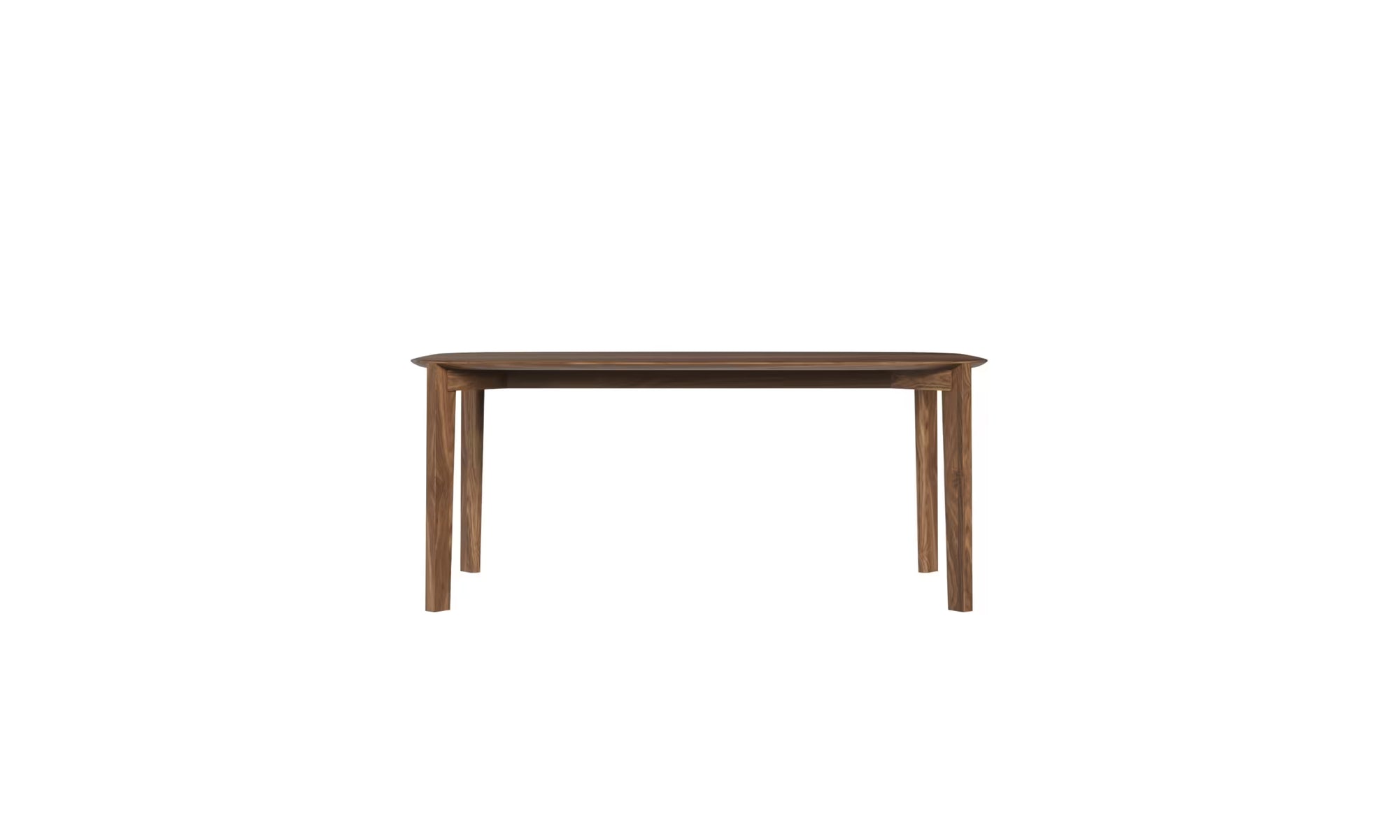 Vue de face de la table Soma 240 cm en noyer massif, piètement large et structure visible, 8 à 10 places, sur fond blanc