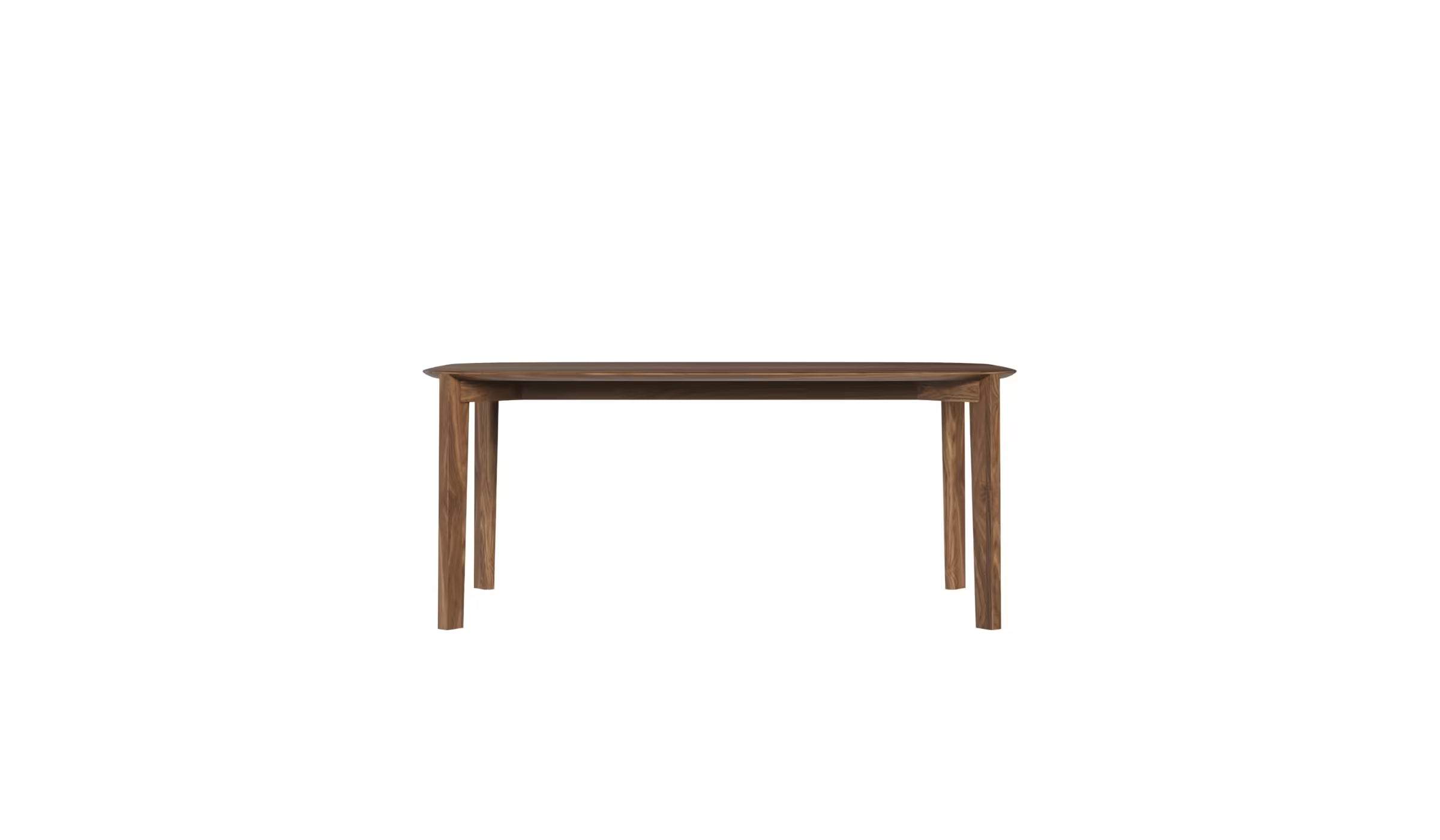 Vue de face de la table Soma 240 cm en noyer massif, piètement large et structure visible, 8 à 10 places, sur fond blanc