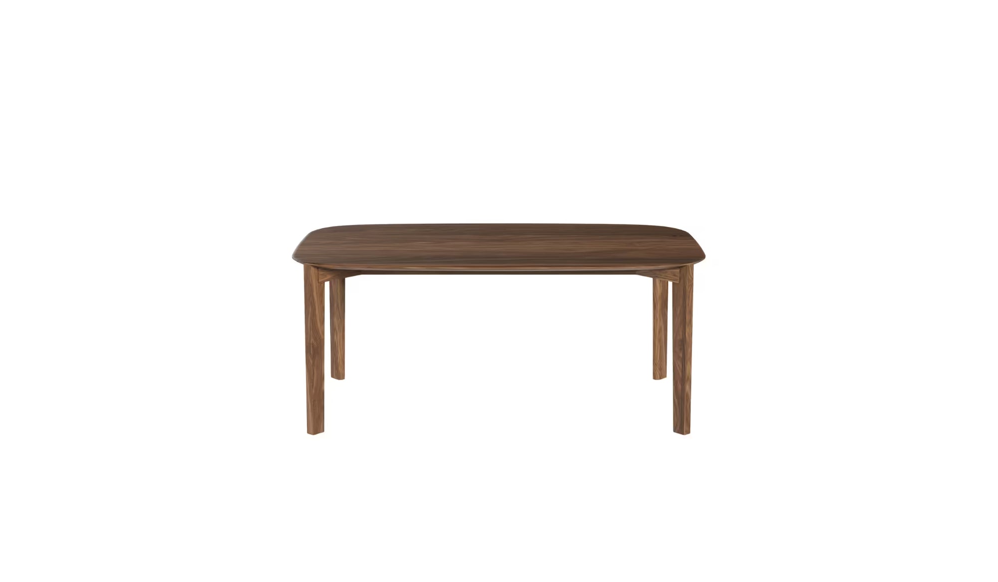 Vue en légère plongée de la table Soma 240 cm en noyer massif, plateau ovale et structure fine, 8 à 10 places sur fond blanc