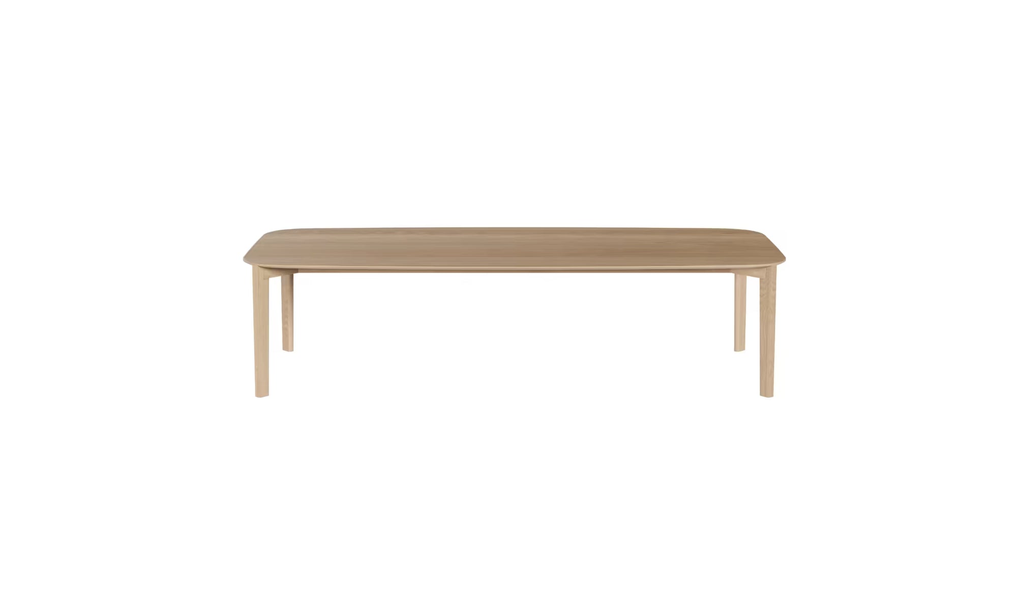 Vue en légère plongée de la table Soma 300 cm en chêne massif, plateau ovale et structure fine, 10 à 12 places sur fond blanc