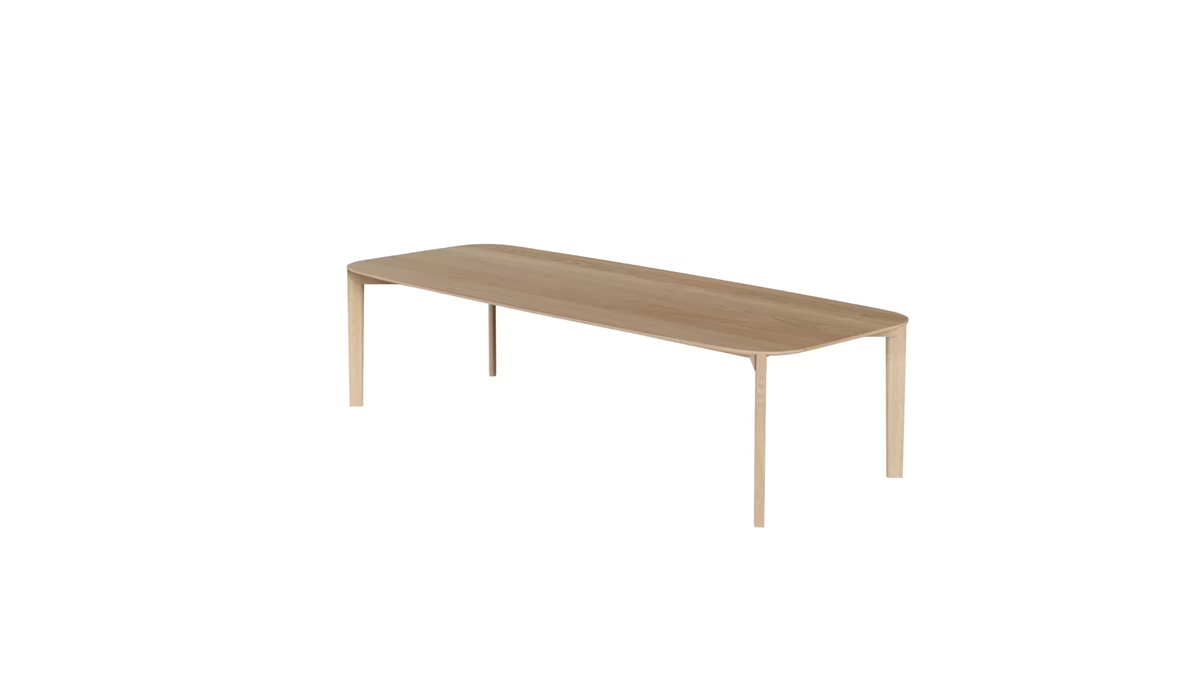 Vue en trois-quarts en plongée de la table Soma 300 cm de WeWood en chêne massif, 10 à 12 places, sur fond blanc