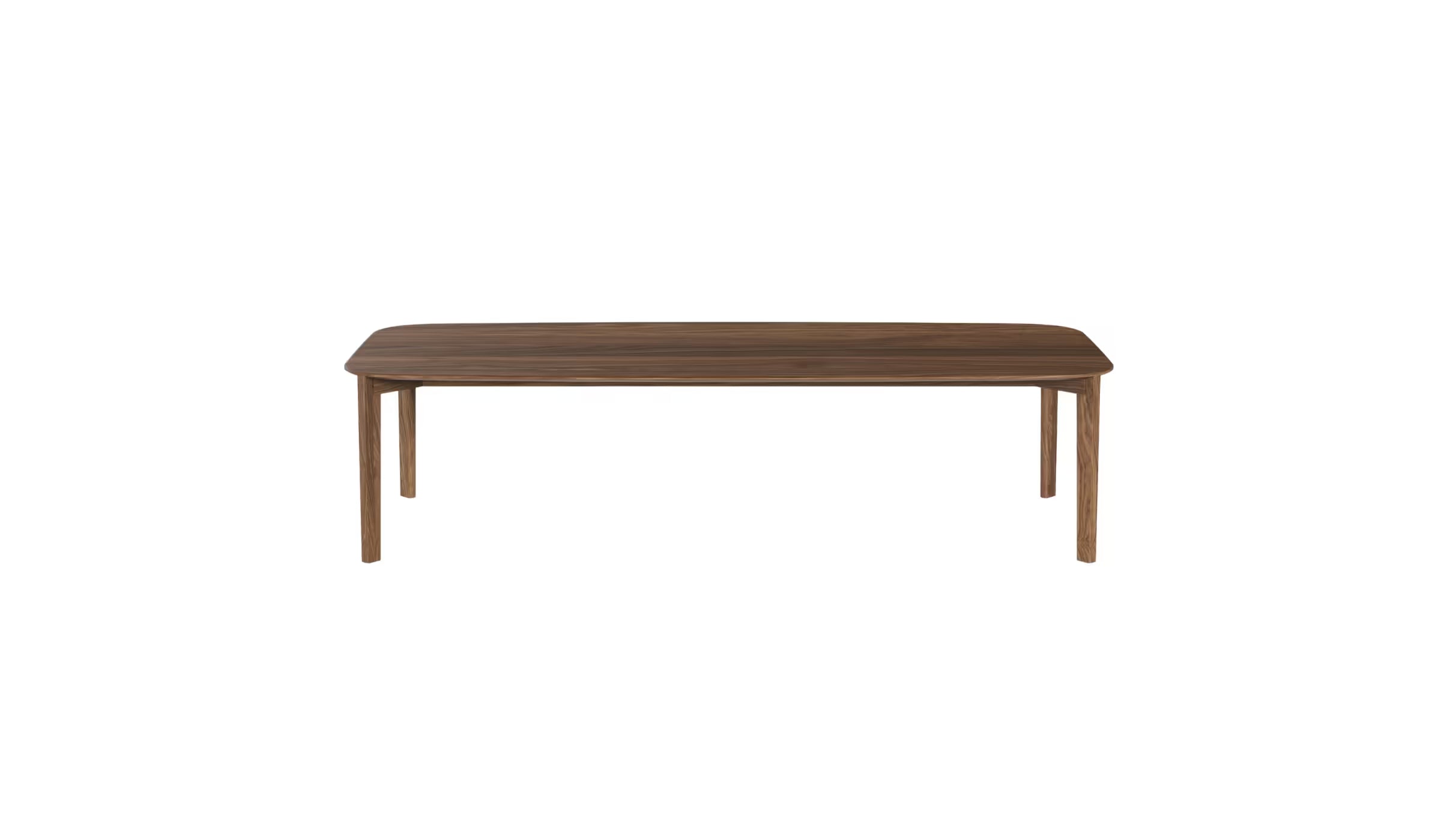 Vue en légère plongée de la table Soma 300 cm en noyer massif, plateau ovale et structure fine, 10 à 12 places sur fond blanc