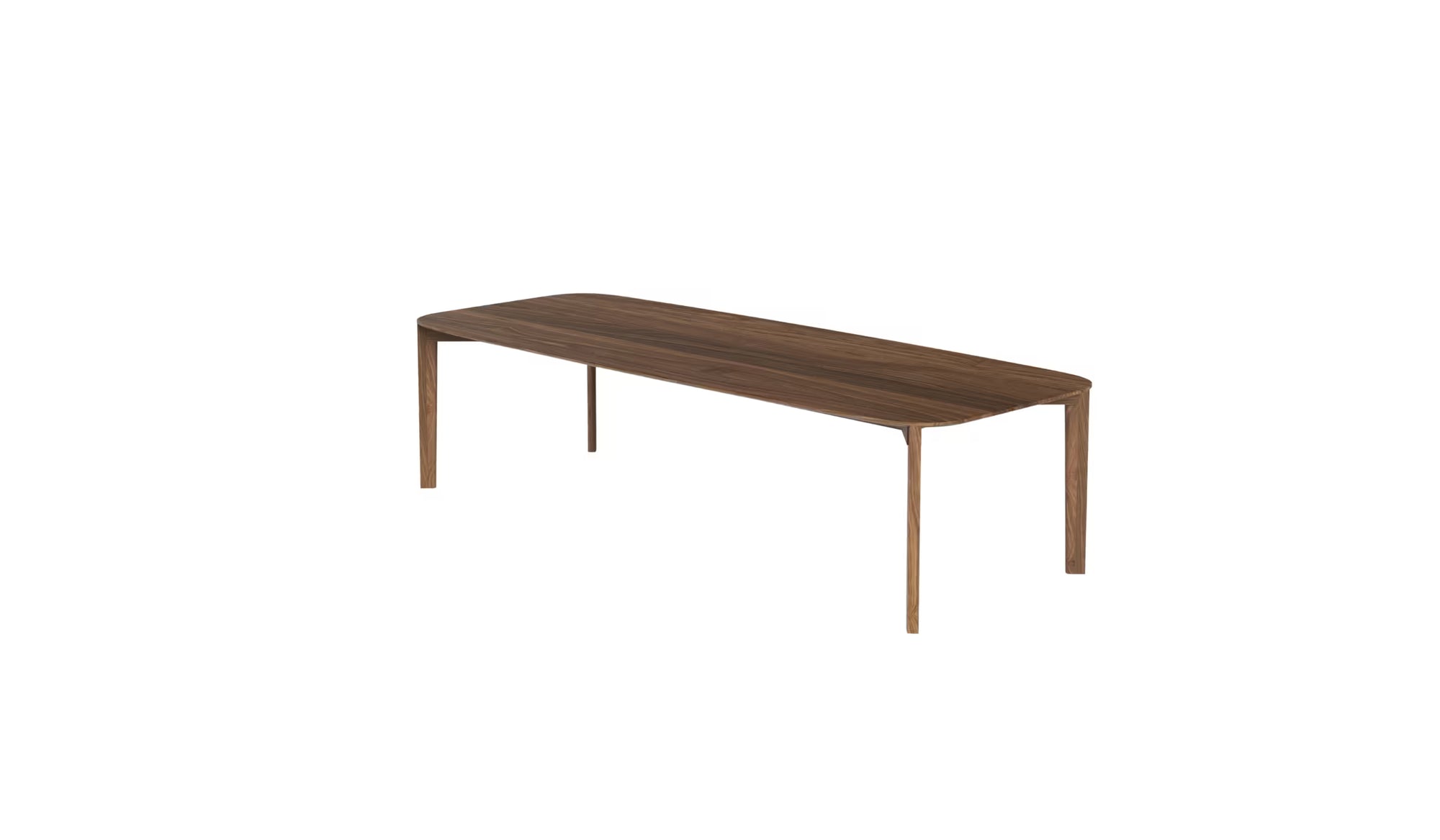 Vue en trois-quarts en plongée de la table Soma 300 cm de WeWood en noyer massif, 10 à 12 places, sur fond blanc