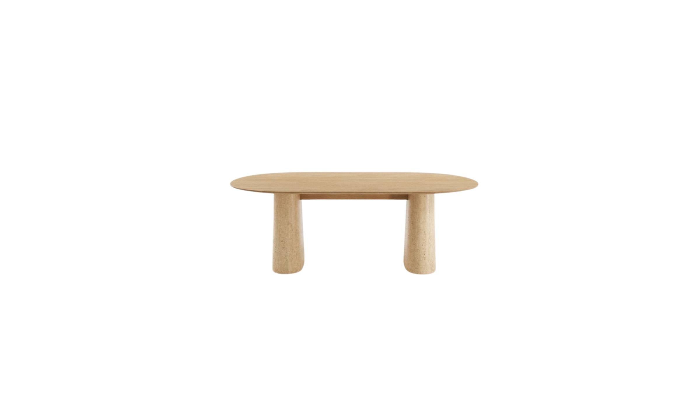 Table de salle à manger Anchor 200 cm en chêne avec piétement en travertin. Design Wewood, vue de face sur fond blanc
