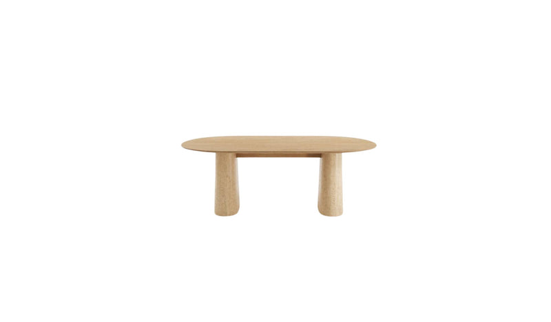 Table de salle à manger Anchor 200 cm en chêne avec piétement en travertin. Design Wewood, vue de face sur fond blanc