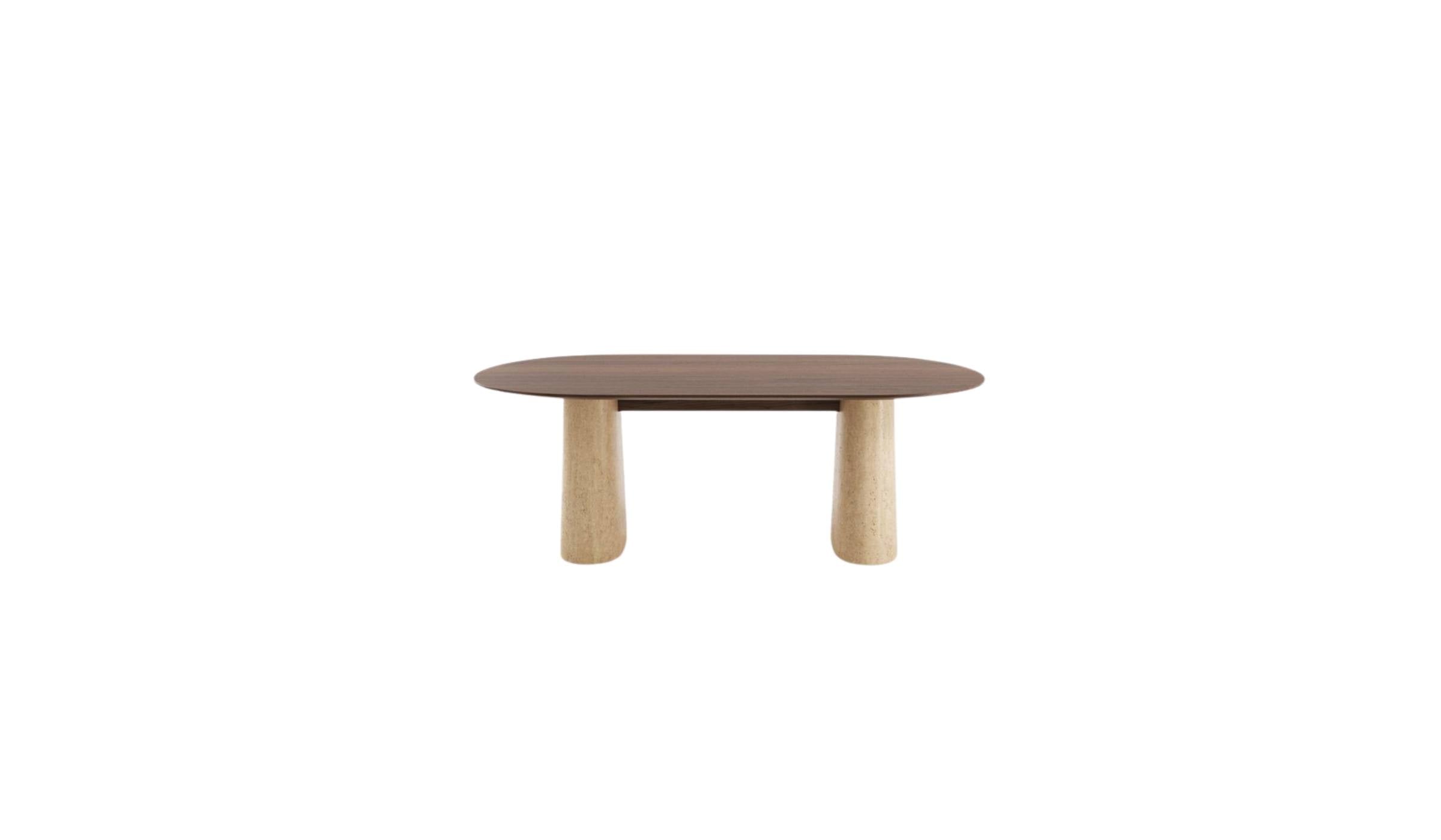 Table de salle à manger Anchor 200 cm en noyer avec piétement en travertin. Design Wewood, vue de face sur fond blanc