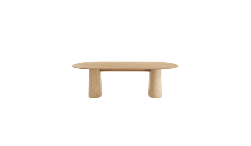Table de salle à manger Anchor 240 cm en chêne avec piétement en travertin. Design Wewood, vue de face sur fond blanc