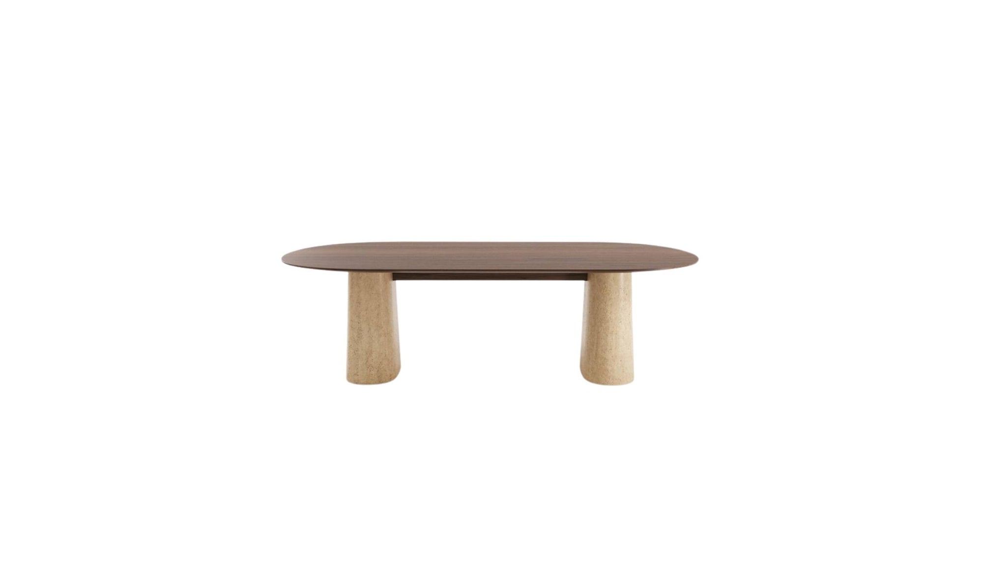 Table de salle à manger Anchor 240 cm en noyer avec piétement en travertin. Design Wewood, vue de face sur fond blanc