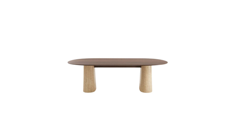 Table de salle à manger Anchor 240 cm en noyer avec piétement en travertin. Design Wewood, vue de face sur fond blanc