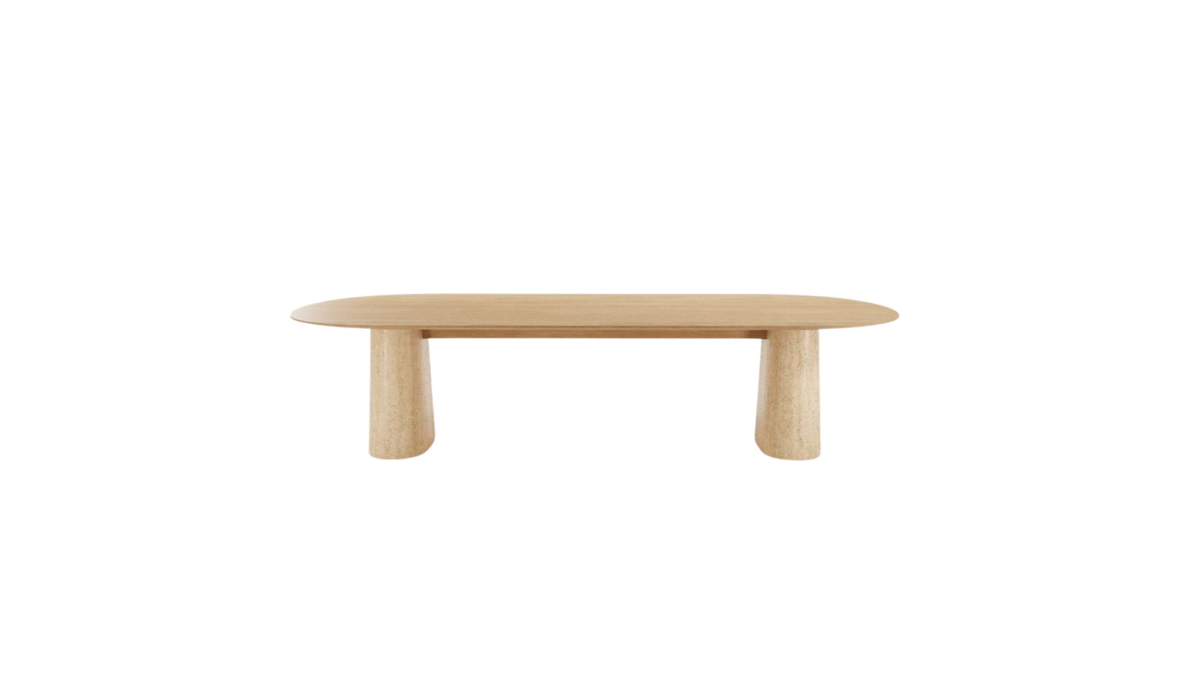 Table de salle à manger Anchor 300 cm en chêne avec piétement en travertin. Design Wewood, vue de face sur fond blanc