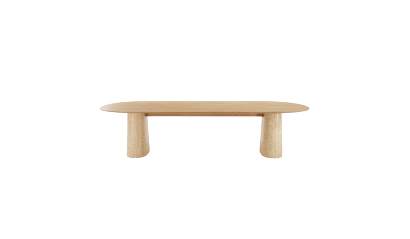 Table de salle à manger Anchor 300 cm en chêne avec piétement en travertin. Design Wewood, vue de face sur fond blanc