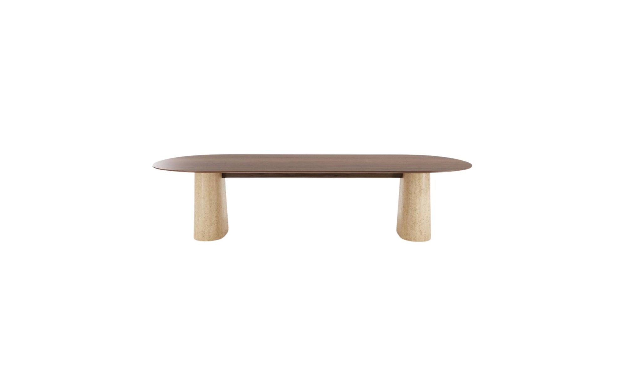 Table de salle à manger Anchor 300 cm en noyer avec piétement en travertin. Design Wewood, vue de face sur fond blanc