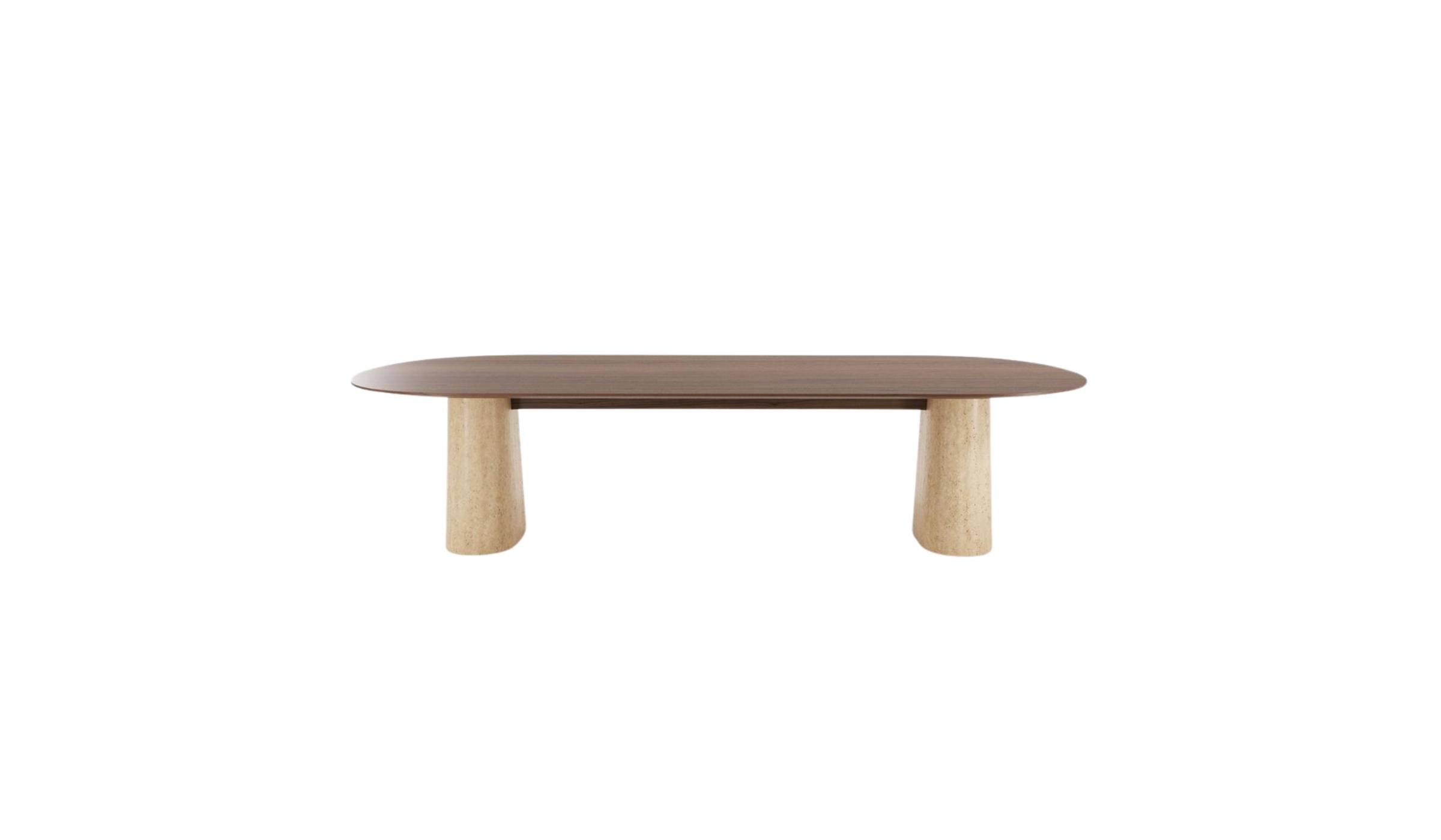 Table de salle à manger Anchor 300 cm en noyer avec piétement en travertin. Design Wewood, vue de face sur fond blanc