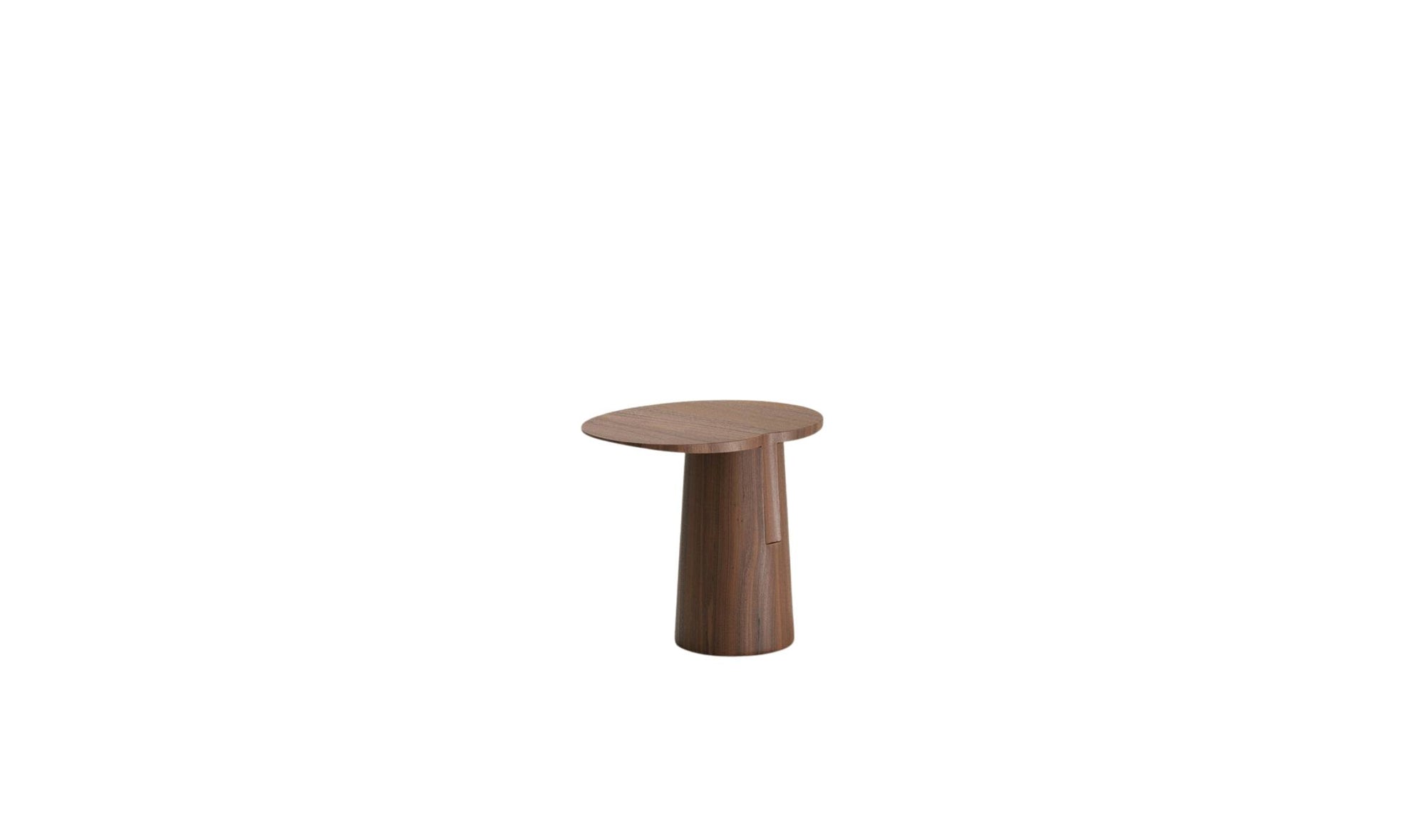 Table d’appoint en noyer massif Anchor, vue de 3/4 arrière sur fond blanc