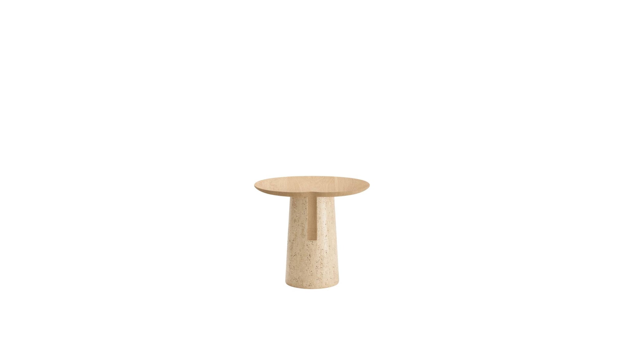 Table d’appoint Anchor vue arrière, plateau en bois clair et base cylindrique en marbre sur fond blanc