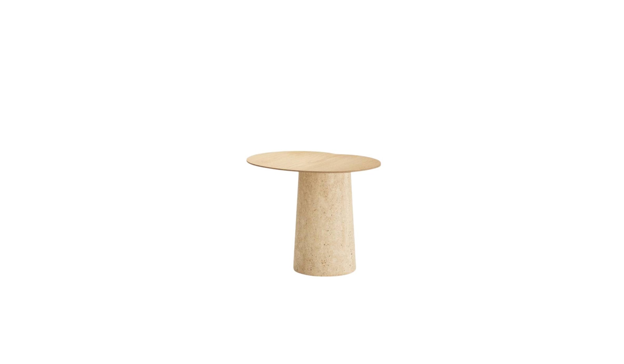 Vue en perspective de la table d’appoint haute Anchor, finition chêne et travertin naturel