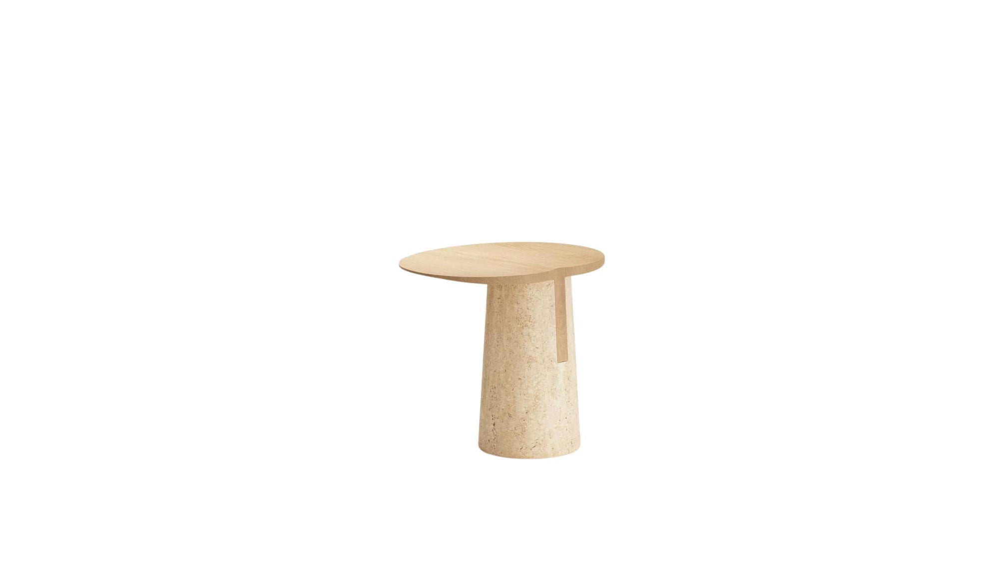 Vue trois-quarts arrière de la table d’appoint haute Anchor, alliance bois clair et marbre travertin