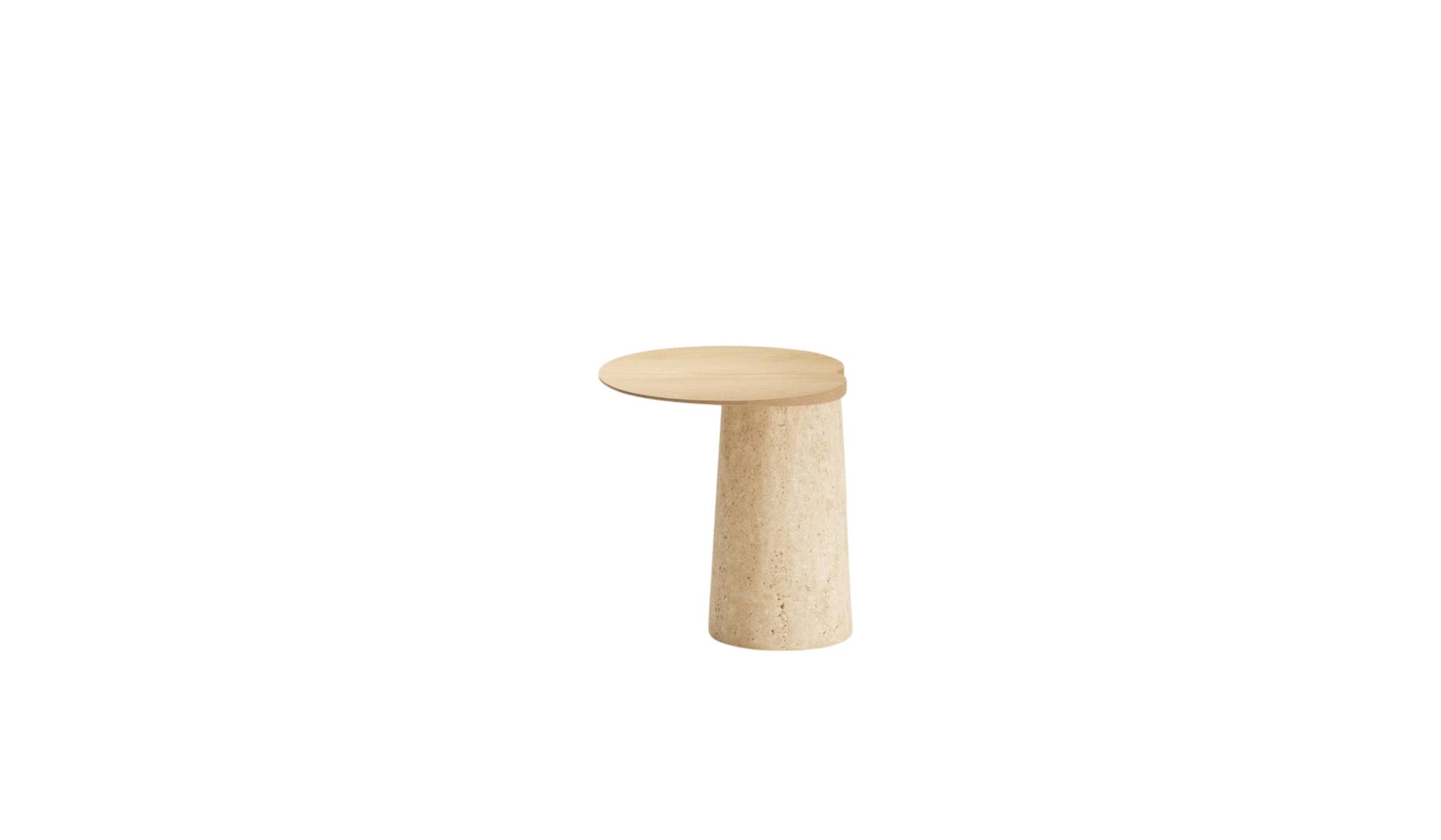 Vue latérale de la table Anchor haute, chêne et travertin, design épuré sur fond blanc