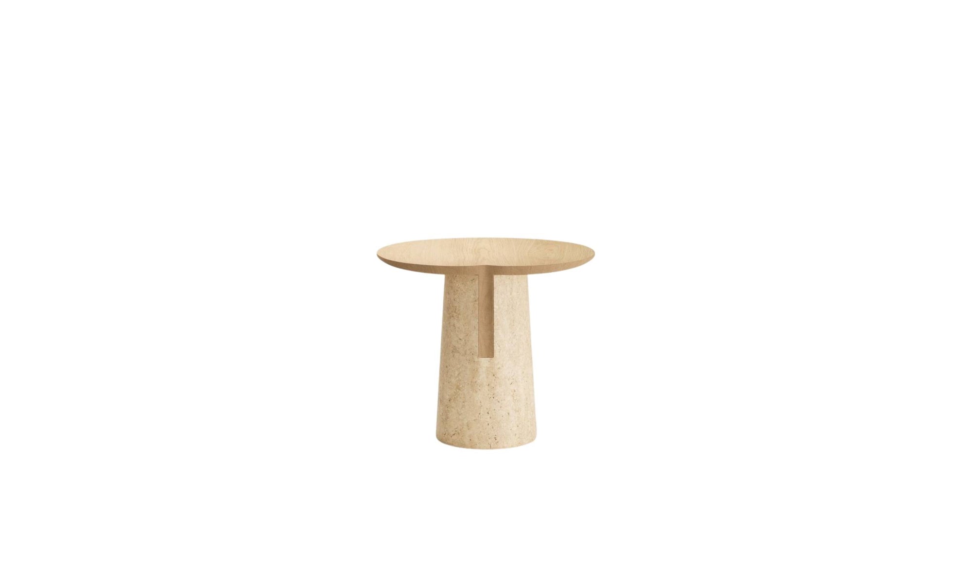 Vue arrière de la table d’appoint haute Anchor en chêne et travertin sur fond blanc