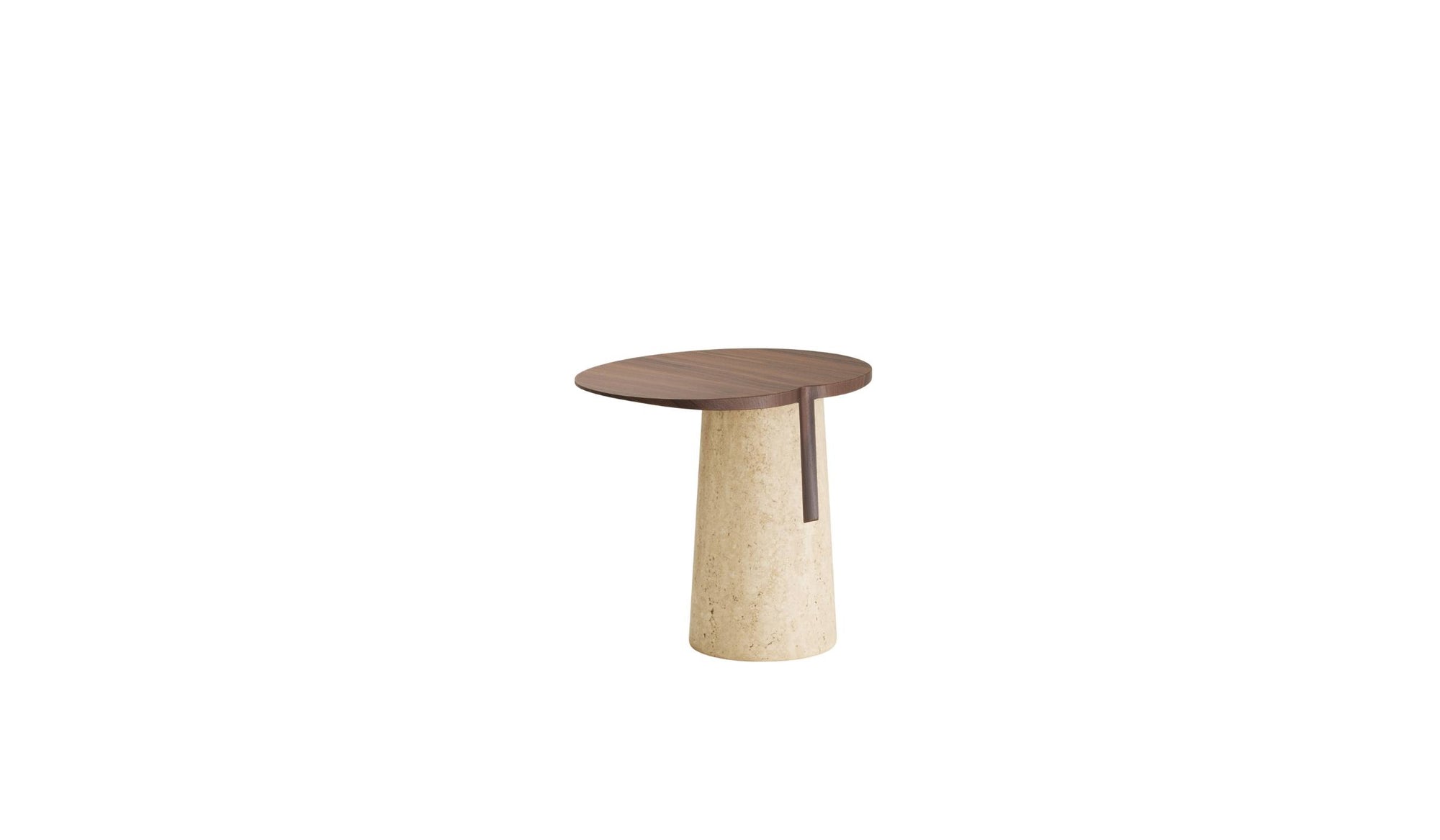 Vue 3/4 arrière de la table Anchor haute, noyer et travertin, contraste subtil entre bois et pierre