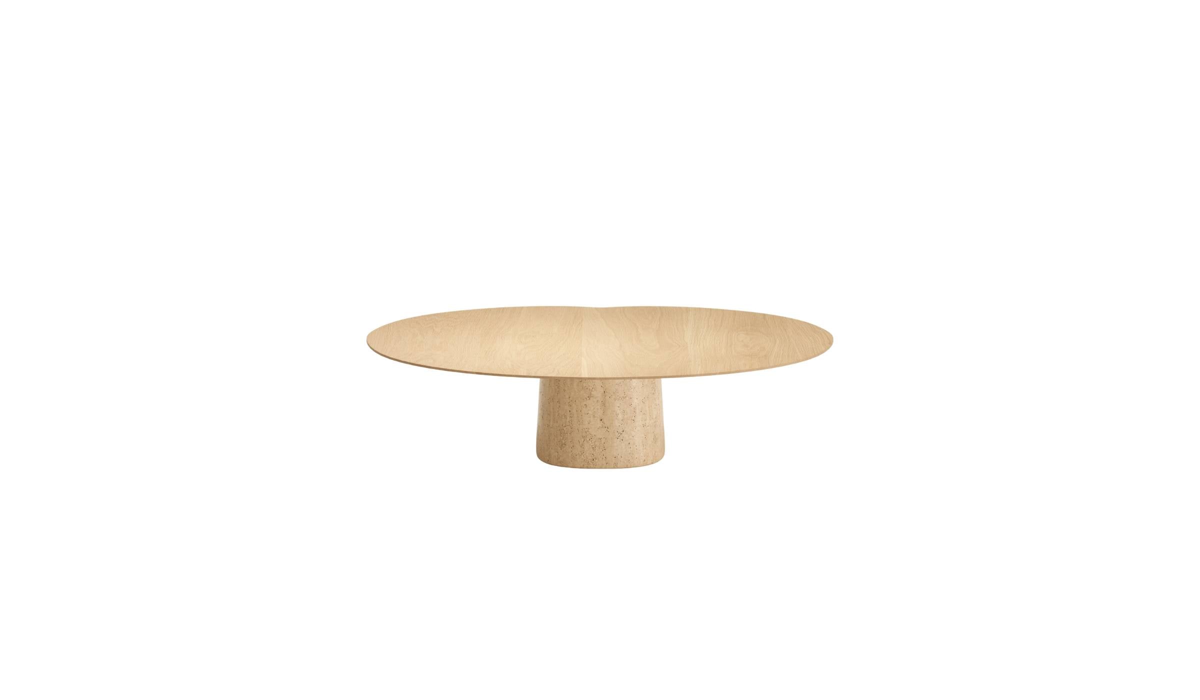 Table basse Anchor de Wewood en chêne et marbre travertin, vue de face centrée sur fond blanc