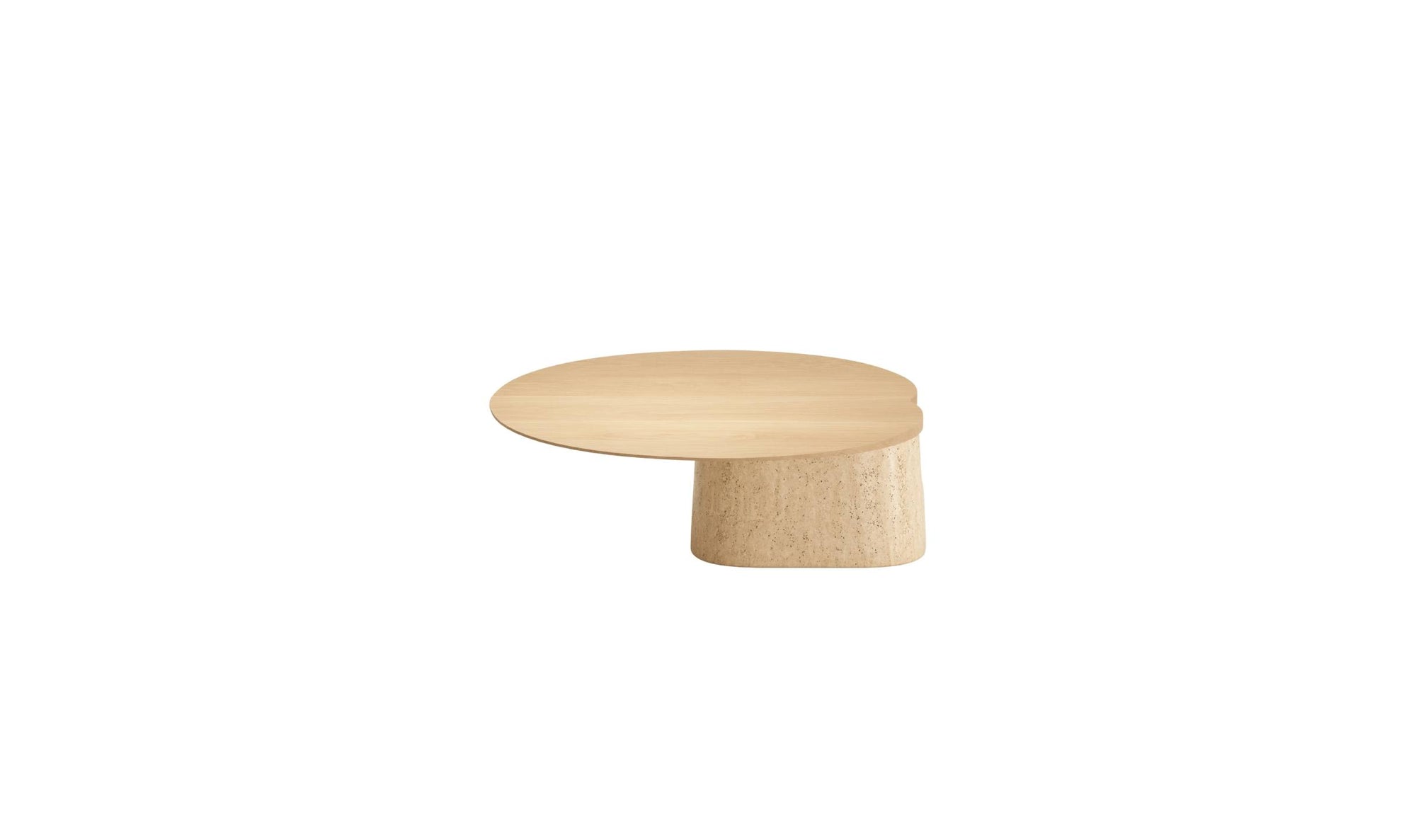Table basse Anchor de Wewood en chêne et marbre travertin, vue en contre-plongée légère.