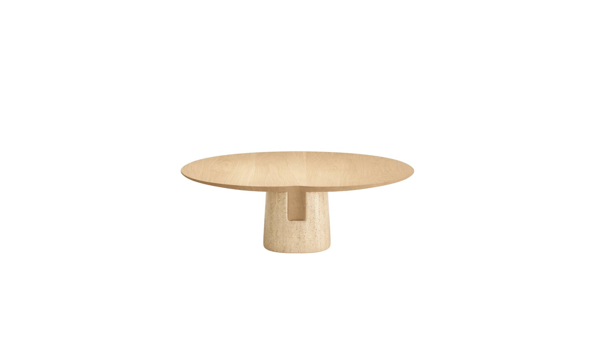 Table basse Anchor de Wewood en chêne et marbre travertin, vue arrière mettant en valeur l’épaisseur du plateau.