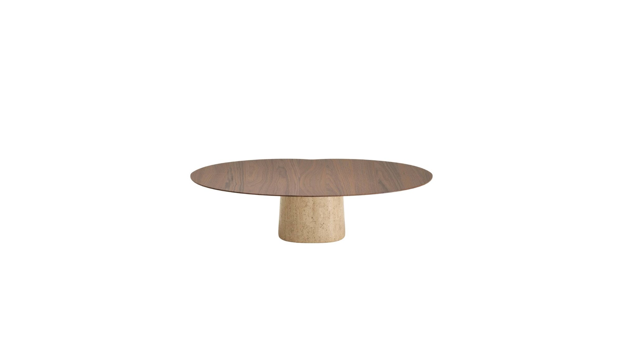 Table basse Anchor de Wewood en noyer et marbre travertin, vue frontale centrée sur fond blanc.