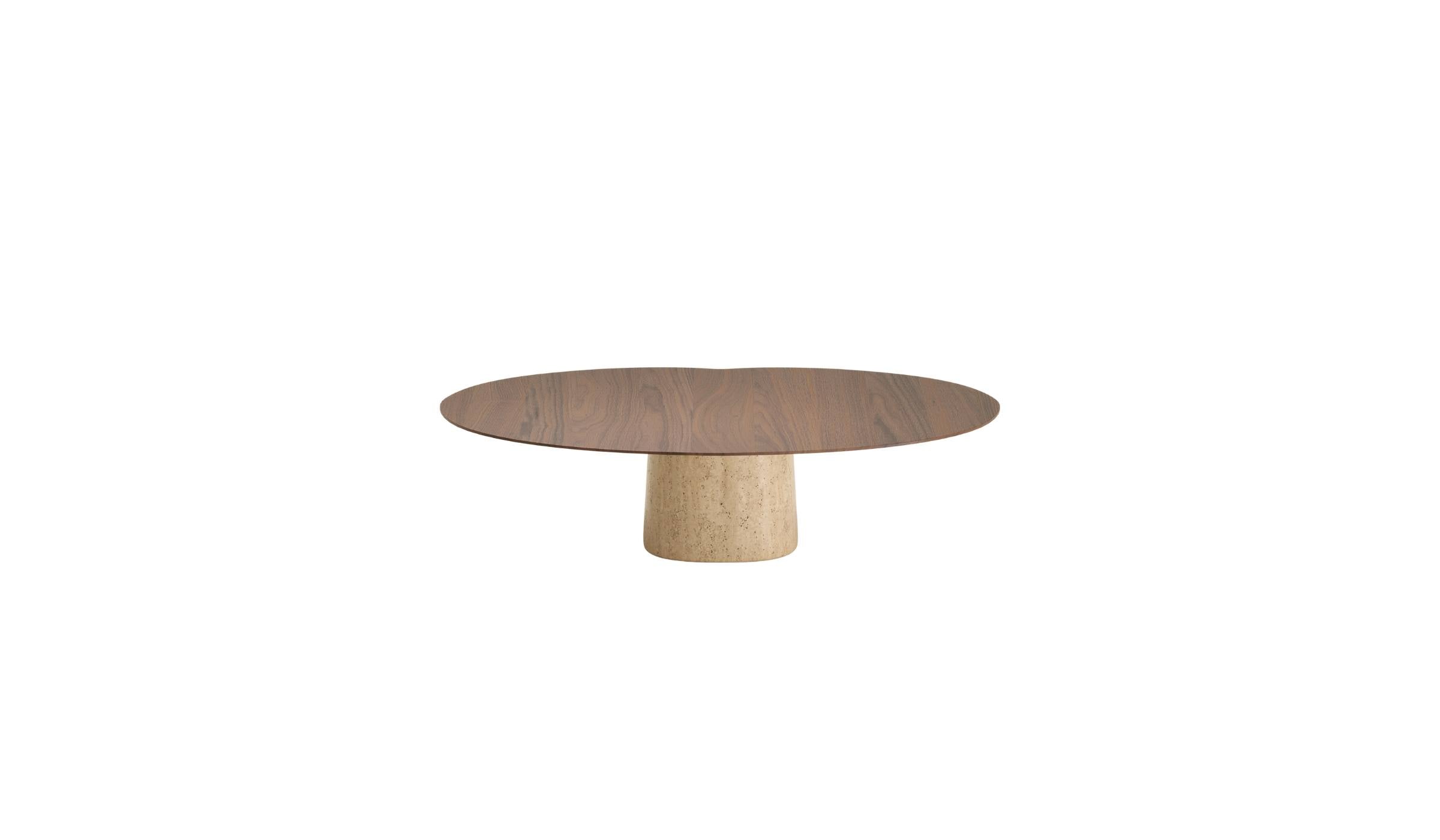Table basse Anchor de Wewood en noyer et marbre travertin, vue frontale centrée sur fond blanc.