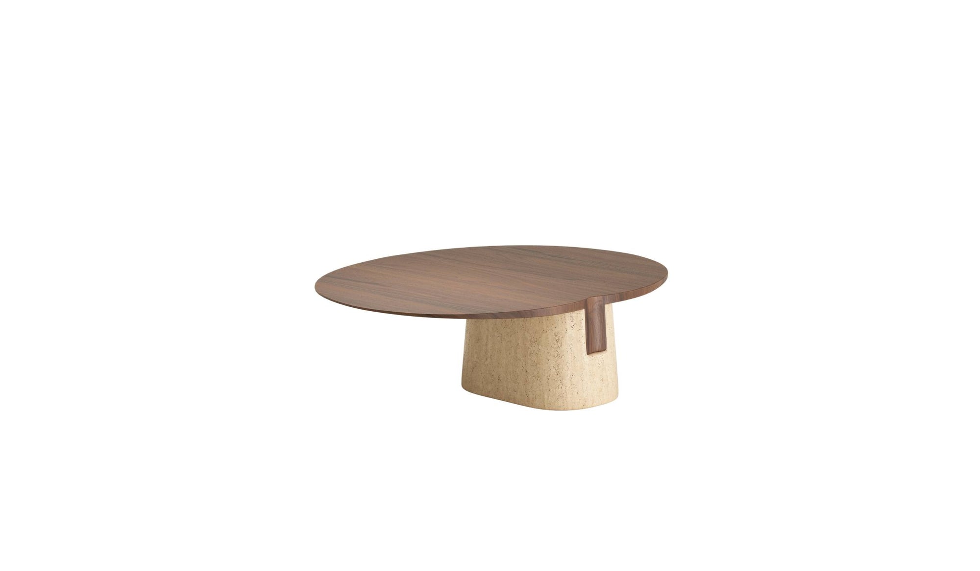 Table basse Anchor de Wewood en noyer et marbre travertin, vue en plongée latérale gauche.