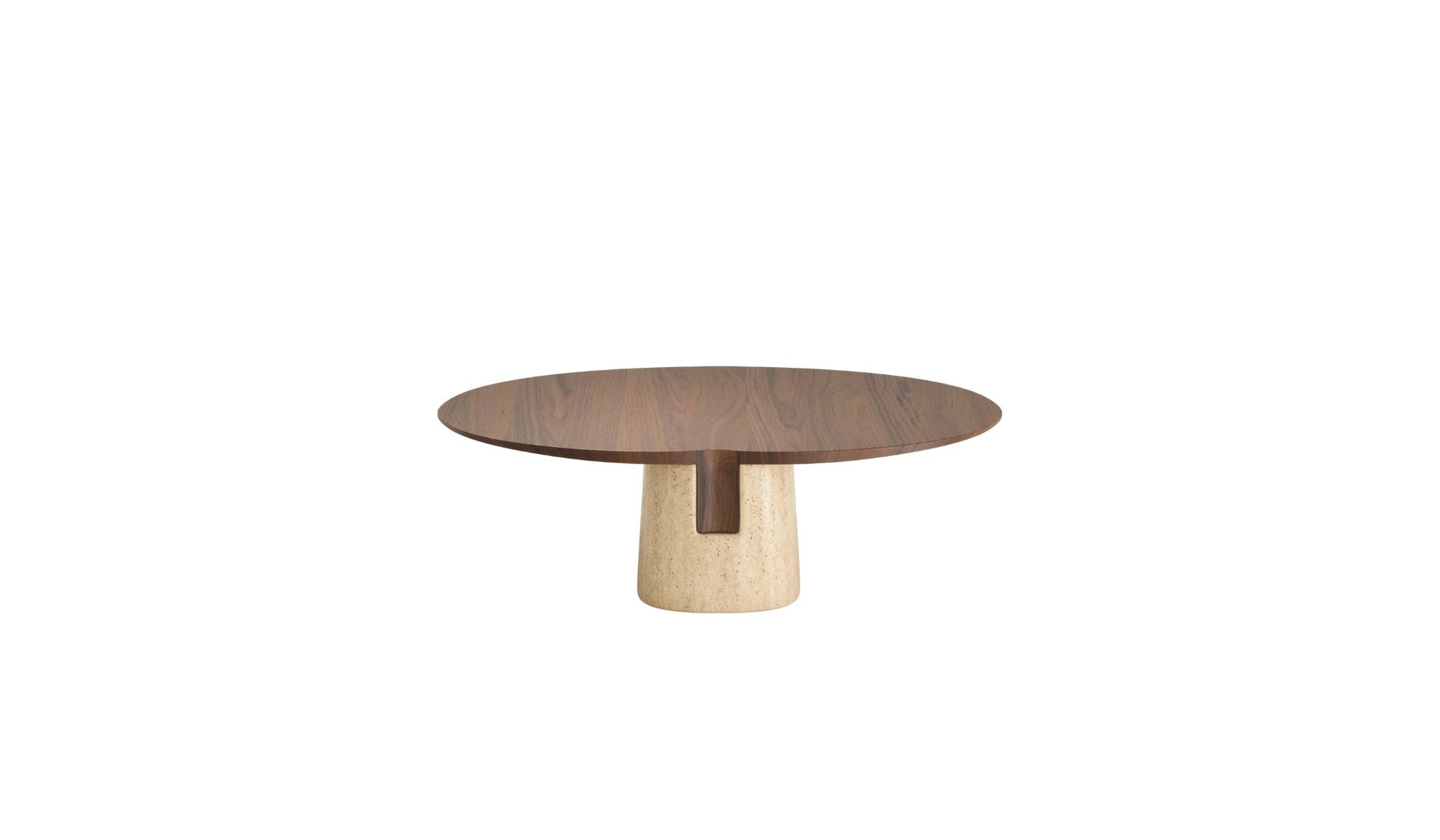 Table basse Anchor de Wewood en noyer et marbre travertin, vue arrière sur fond blanc