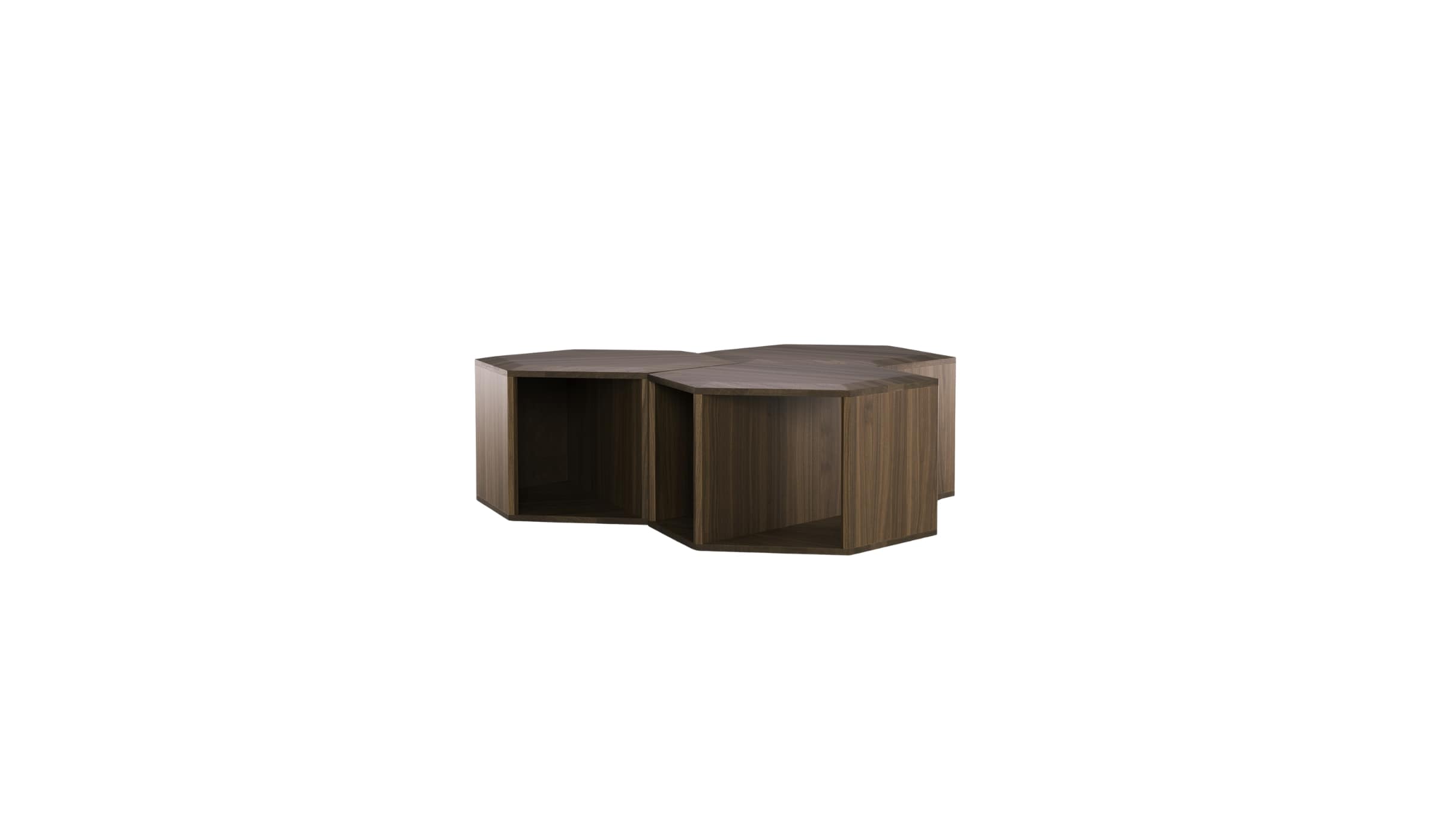 Set of 3 Hexa coffee tables, in walnut