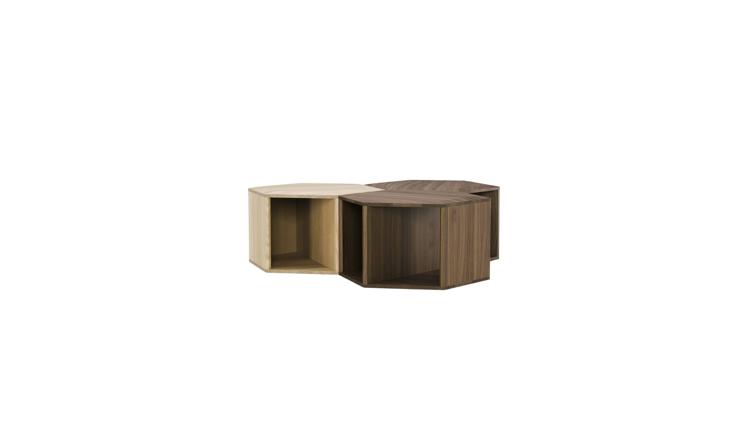 Set of 3 Hexa coffee tables, in oak and walnut