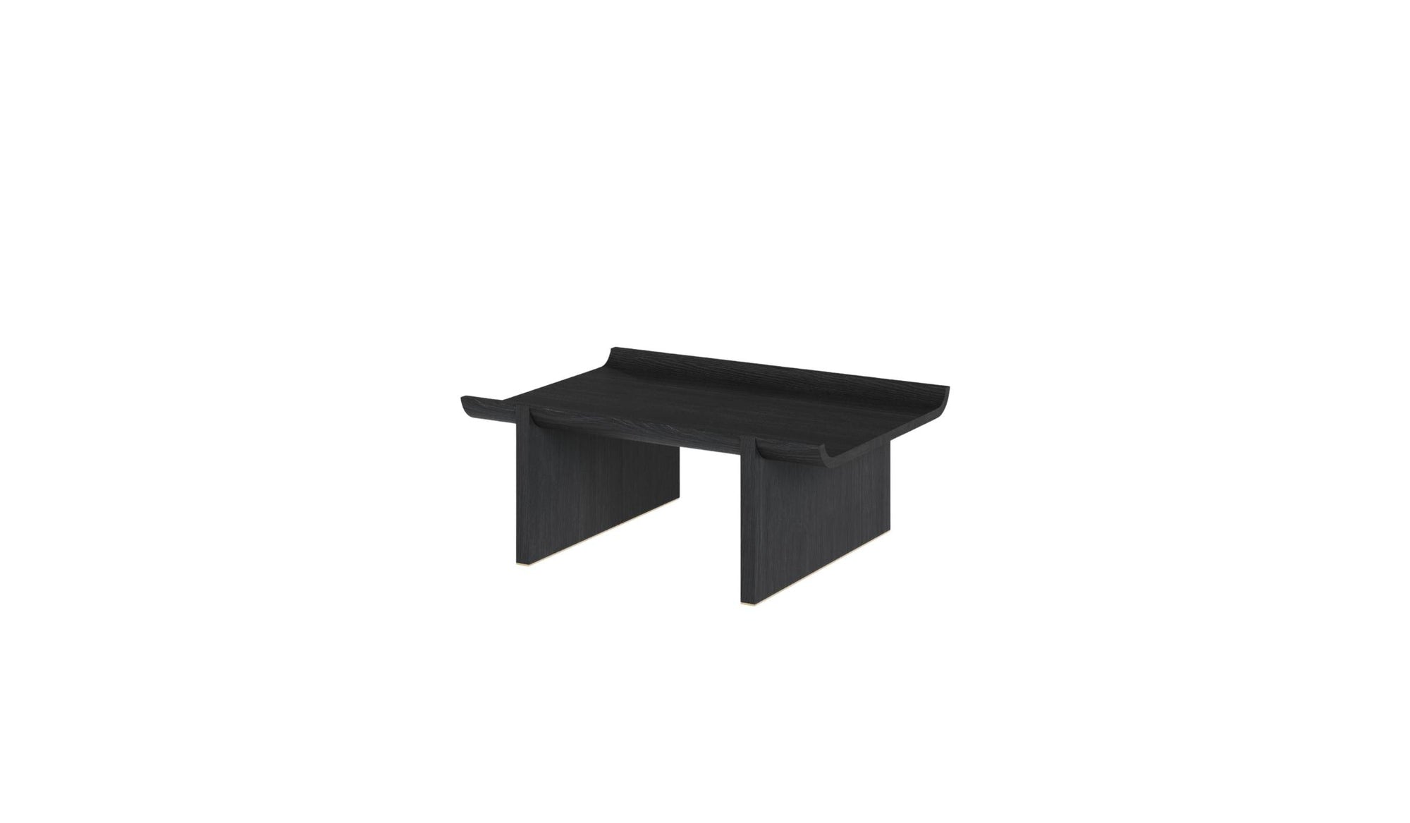 Table basse Rigoles de WeWood en chêne fumé, design organique avec plateau sculpté, vue de trois quarts sur fond blanc