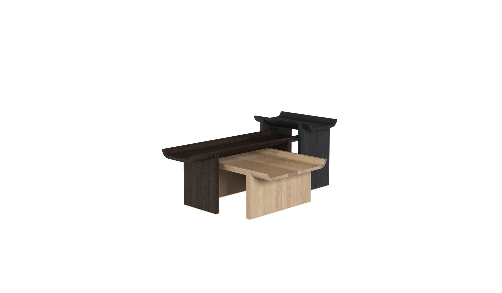 Ensemble de tables Rigoles WeWood en chêne naturel, brun et fumé, vue en perspective sur fond blanc