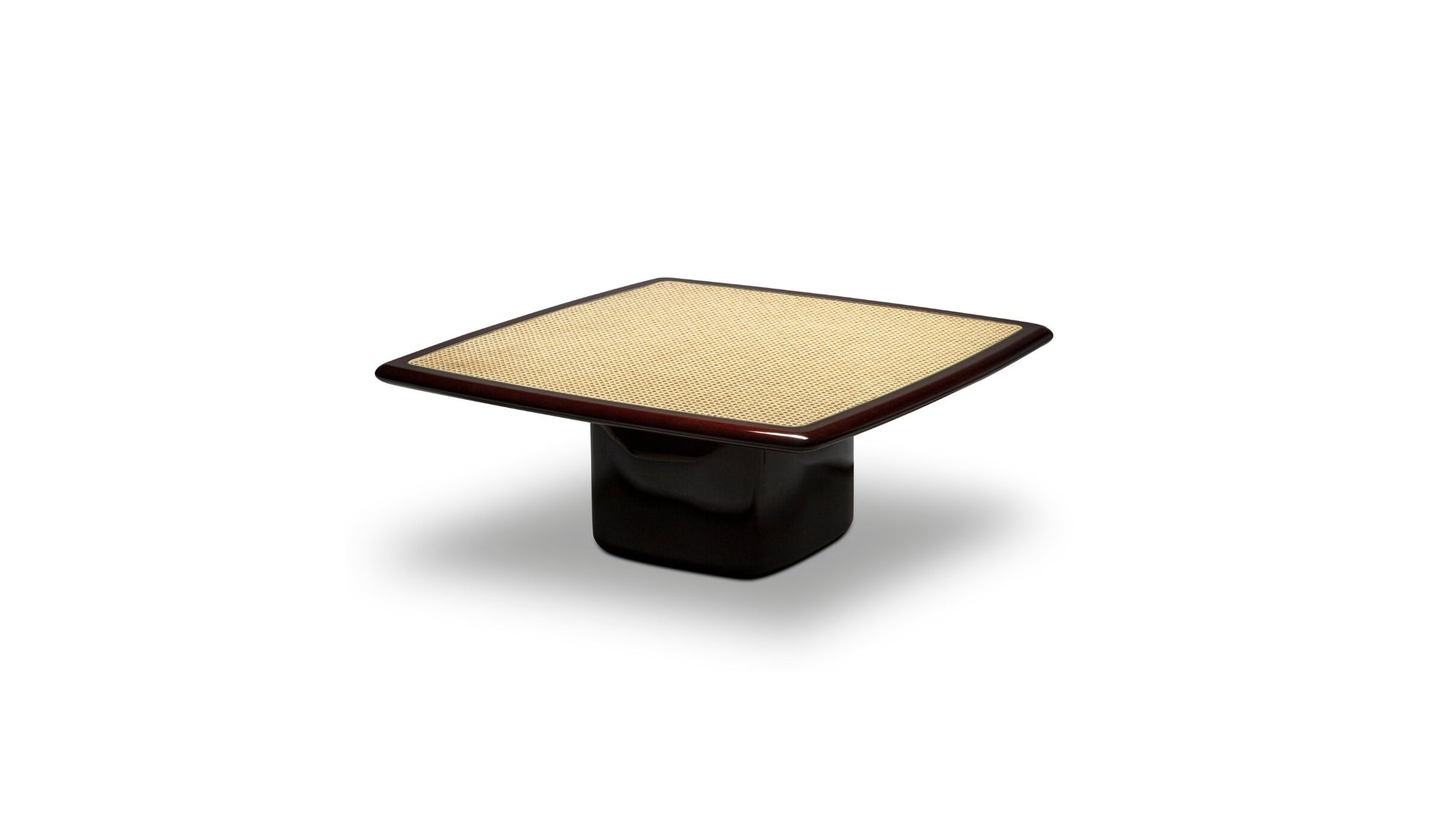 Bossa Luxury Square Coffee Table in Lacquered Mahogany Wood, Rattan and Glass