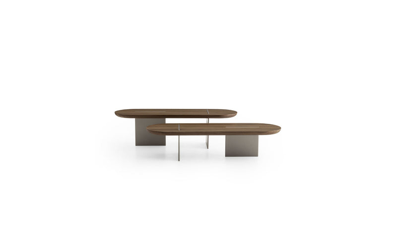 Duo of Italian design coffee tables Baguette, in walnut &amp; champagne metal