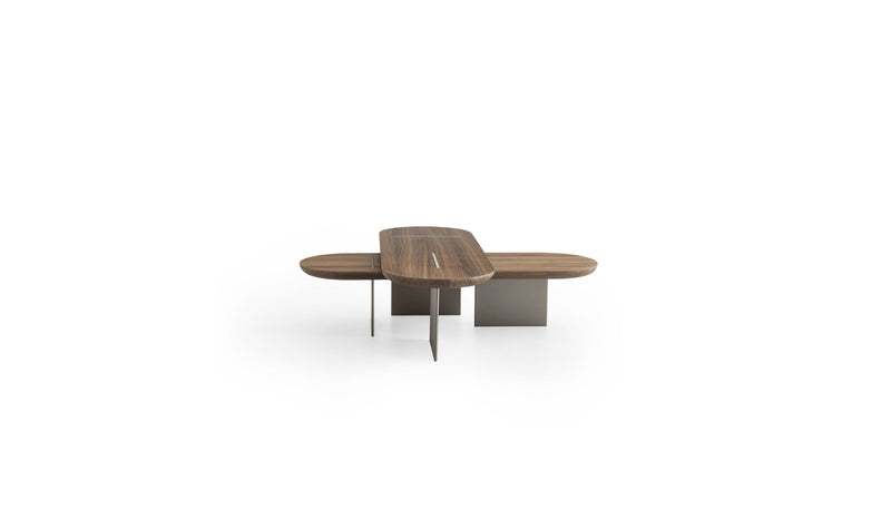 Duo of Italian design coffee tables Baguette, in walnut &amp; champagne metal