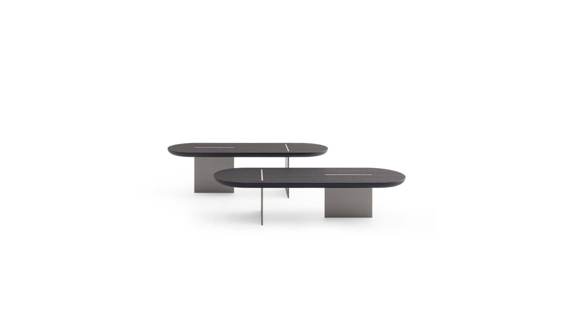 Duo of Italian design coffee tables Baguette, in oak &amp; champagne metal